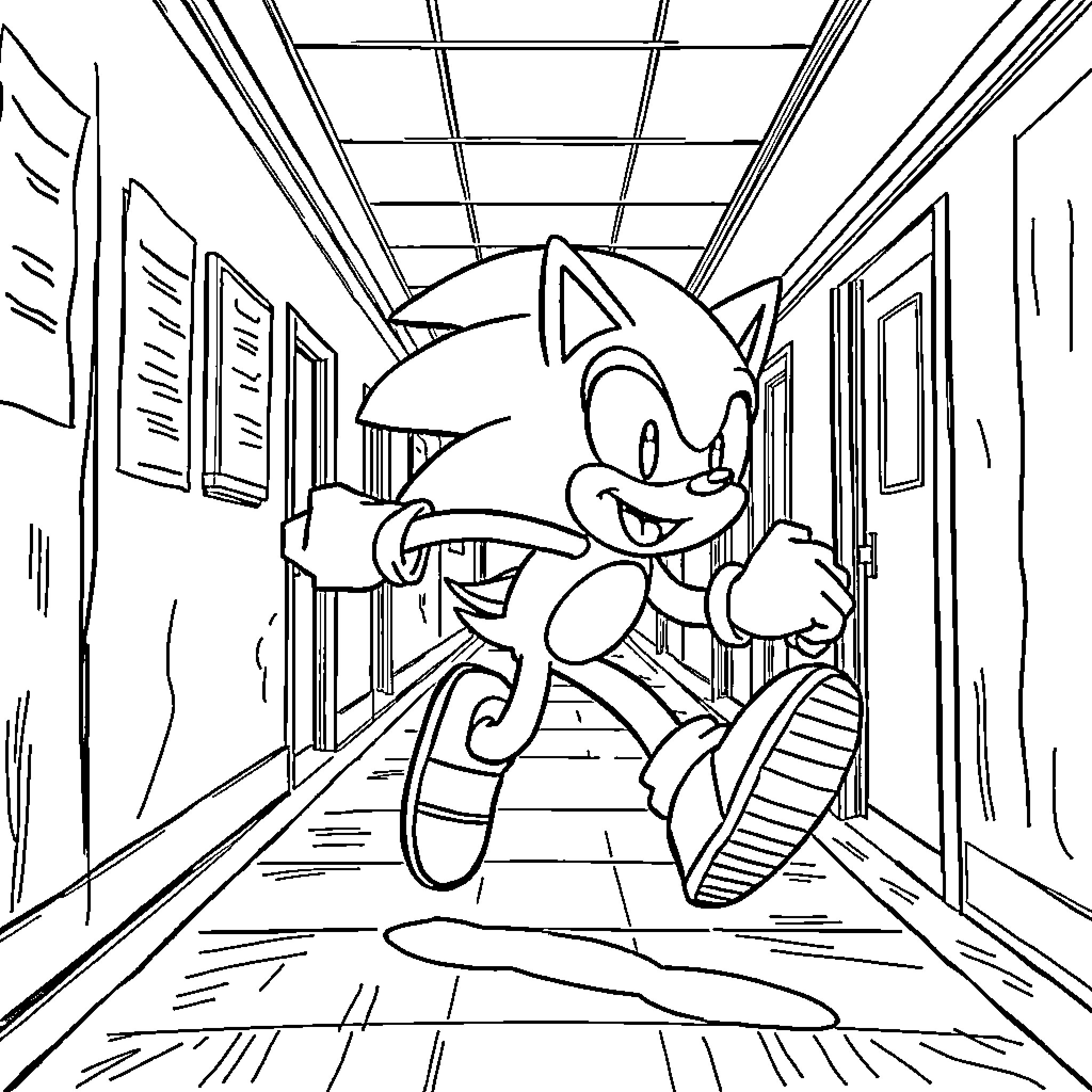 Sonic racing through a school hallway Coloring Page (free black-and-white line drawing printable PDF for all, from beginners to advanced learners, including children, teens, adults, and seniors)