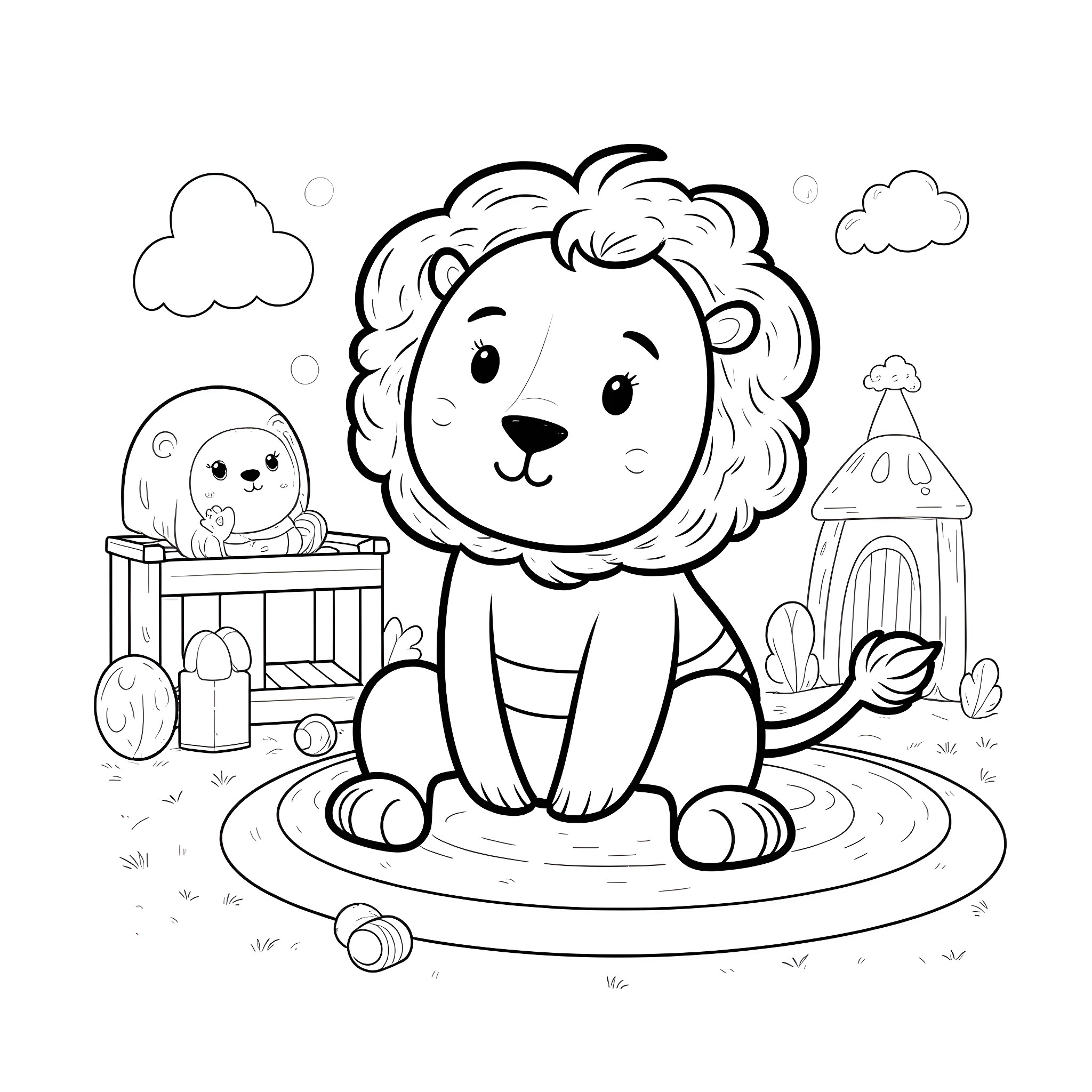 Lion playing with toys in the park Coloring Page (free black-and-white line drawing printable PDF for all, from beginners to advanced learners, including children, teens, adults, and seniors)