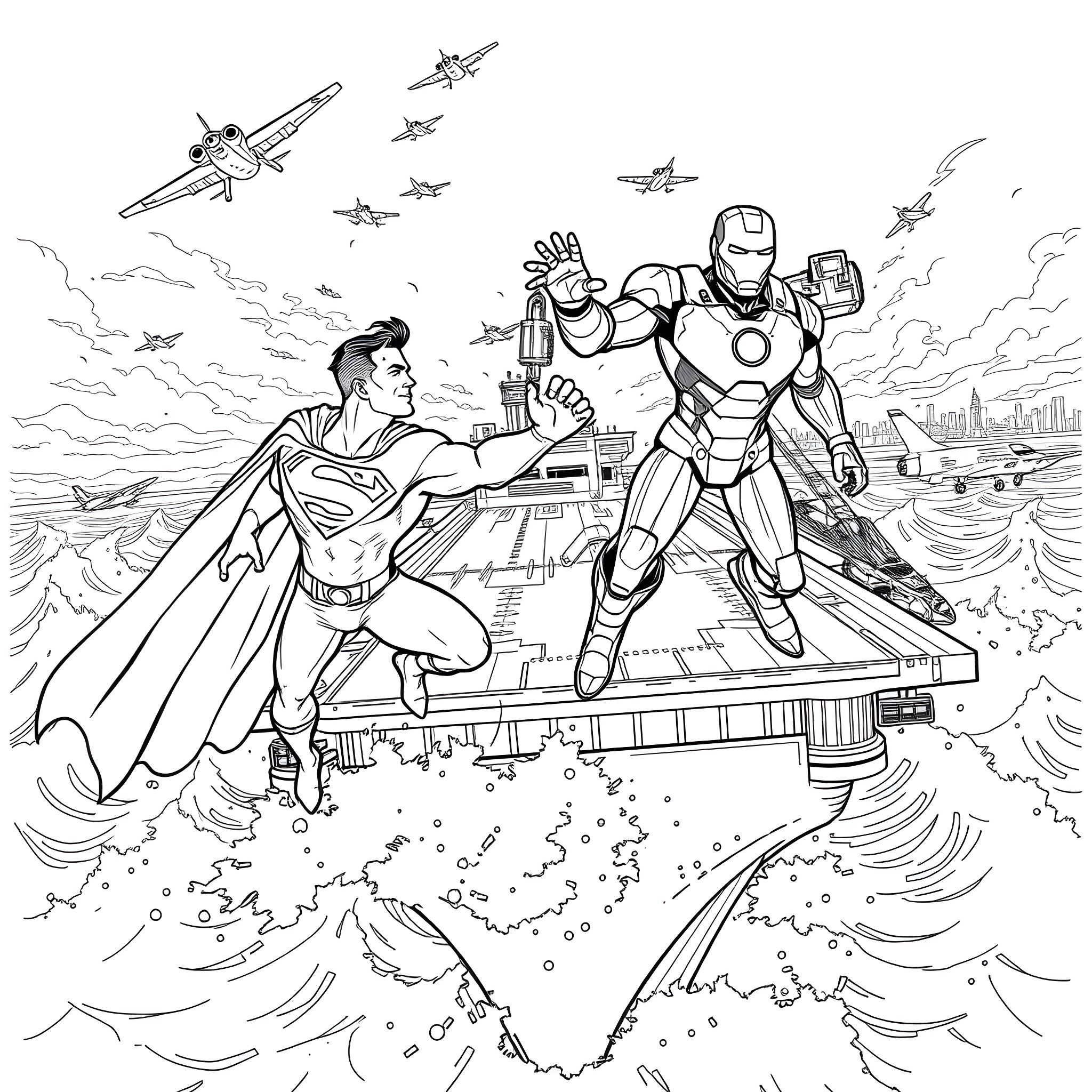 Superman and Iron Man Fighting Together in Metropolis Coloring Page (free black-and-white line drawing printable PDF for all, from beginners to advanced learners, including children, teens, adults, and seniors)