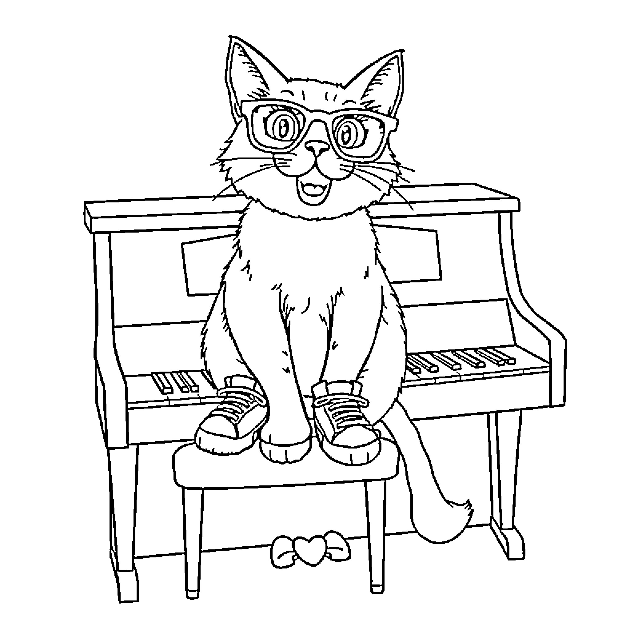 Cat playing piano in a pair of glasses Coloring Page (free black-and-white line drawing printable PDF for all, from beginners to advanced learners, including children, teens, adults, and seniors)