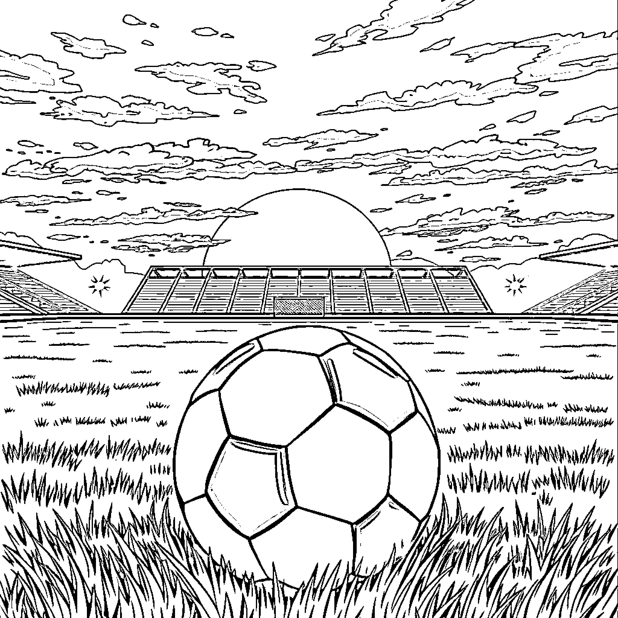 Soccer Ball in a Scenic Stadium Coloring Page (free black-and-white line drawing printable PDF for all, from beginners to advanced learners, including children, teens, adults, and seniors)