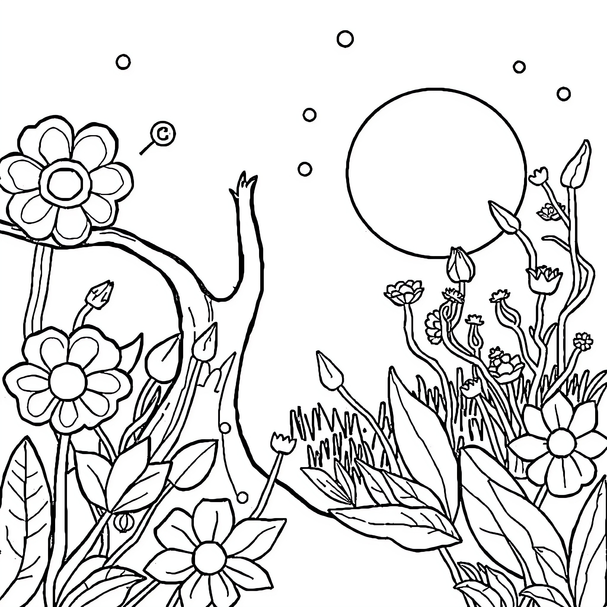 Whimsical floral scene with a full moon Coloring Page (free black-and-white line drawing printable PDF for all, from beginners to advanced learners, including children, teens, adults, and seniors)
