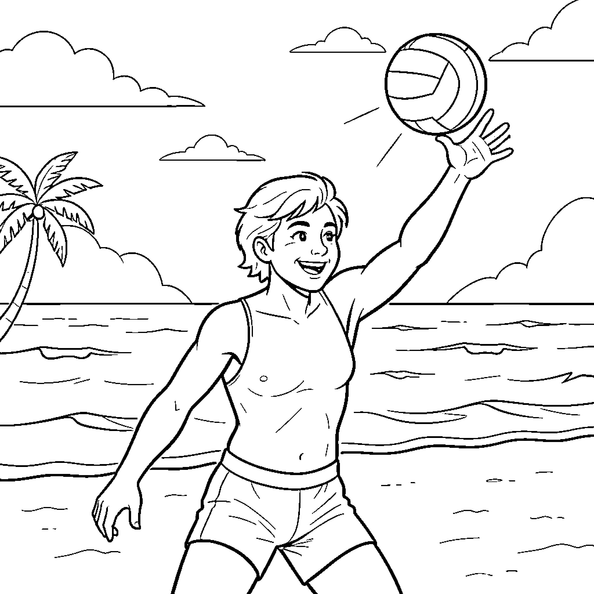 Volleyball player hitting a ball on the beach Coloring Page (free black-and-white line drawing printable PDF for all, from beginners to advanced learners, including children, teens, adults, and seniors)
