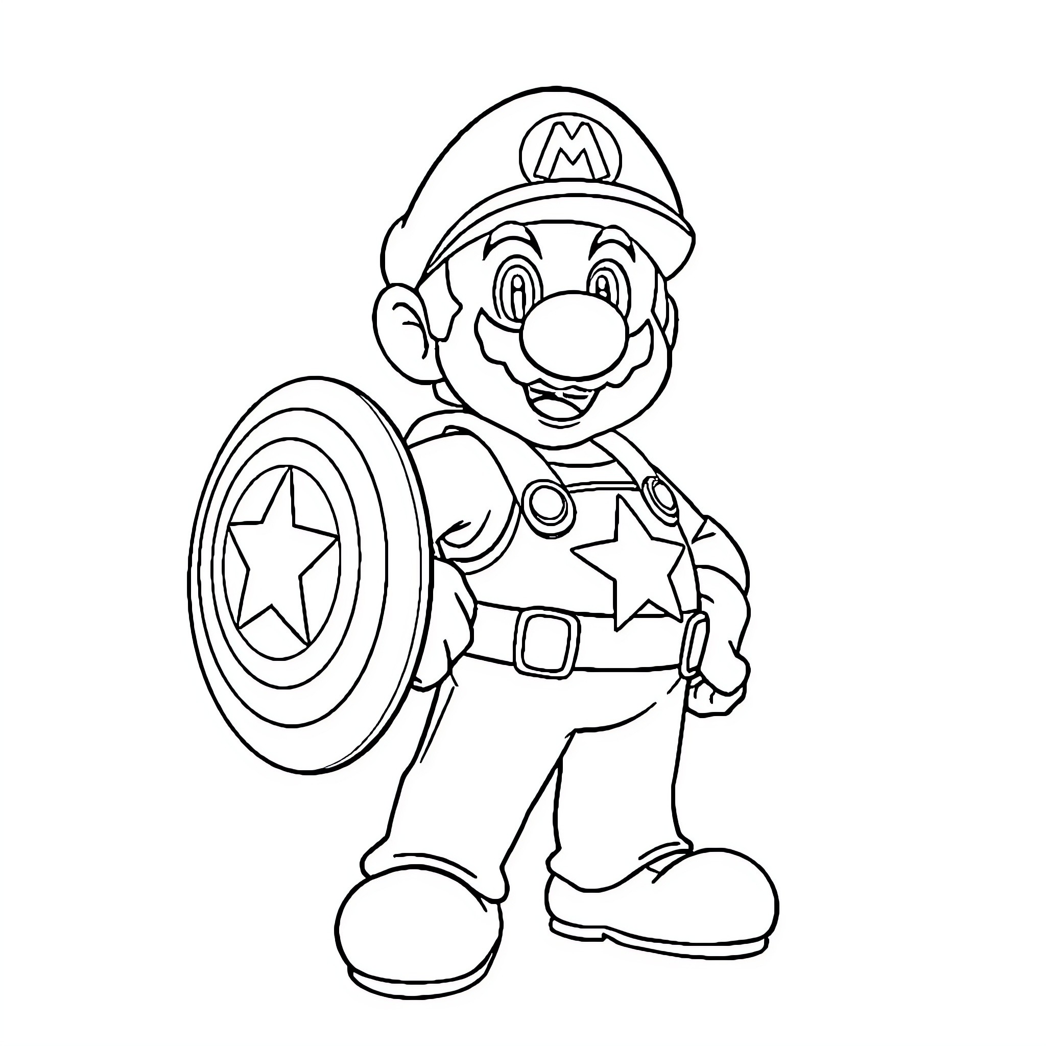 Super Mario as Captain America Coloring Page (free black-and-white line drawing printable PDF for all, from beginners to advanced learners, including children, teens, adults, and seniors)