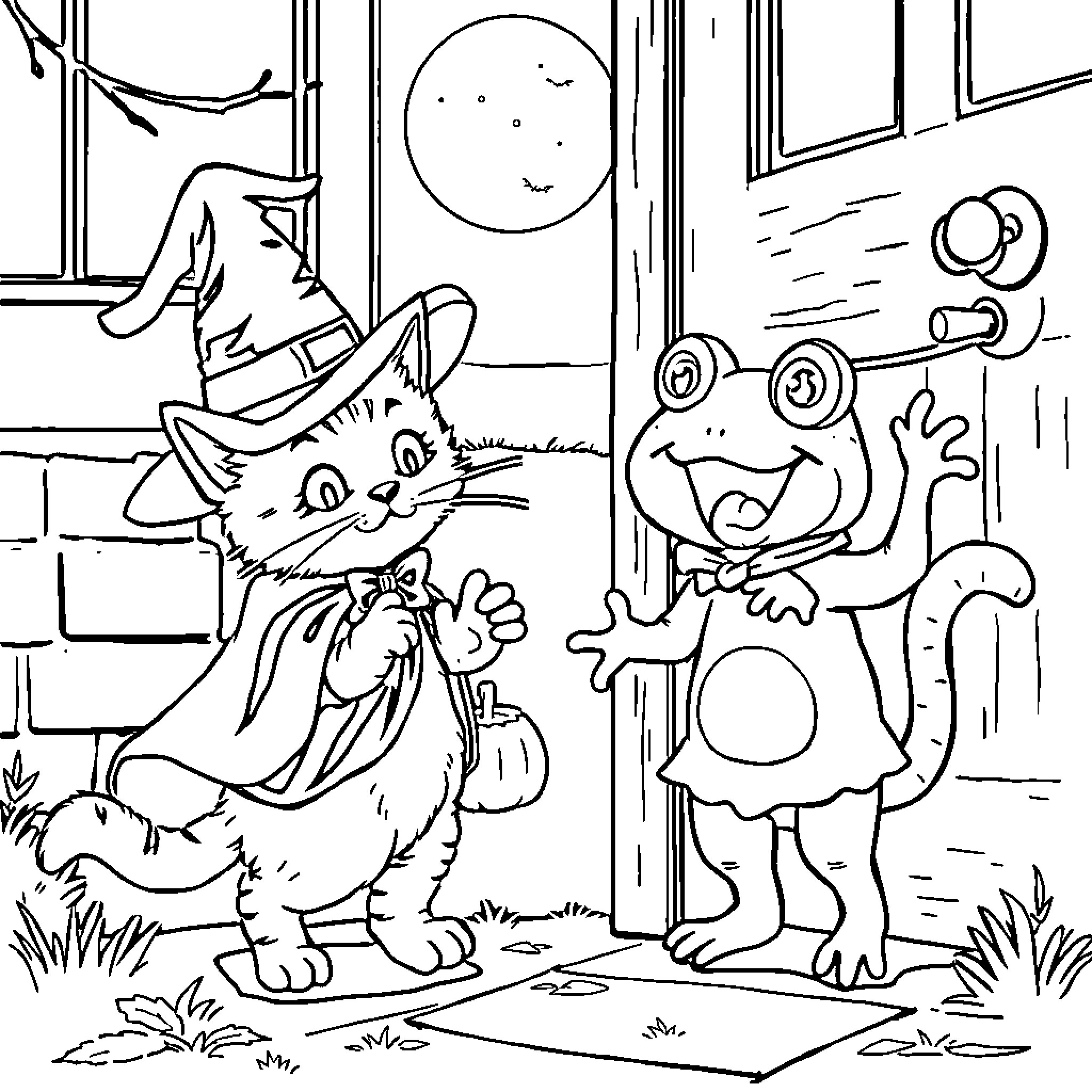 Cat in Halloween costume and friendly frog Coloring Page (free black-and-white line drawing printable PDF for all, from beginners to advanced learners, including children, teens, adults, and seniors)