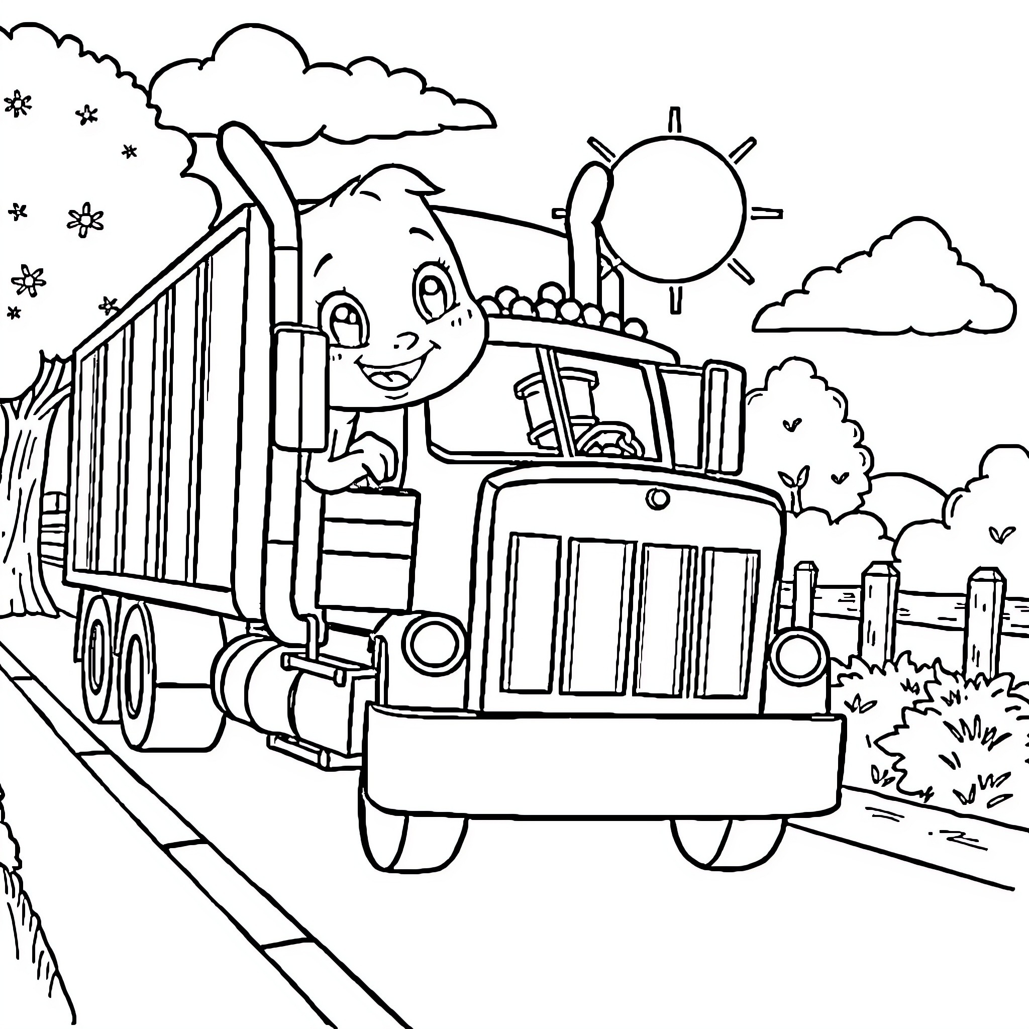 Bluey's Happy Dump Truck Adventure Coloring Page (free black-and-white line drawing printable PDF for all, from beginners to advanced learners, including children, teens, adults, and seniors)