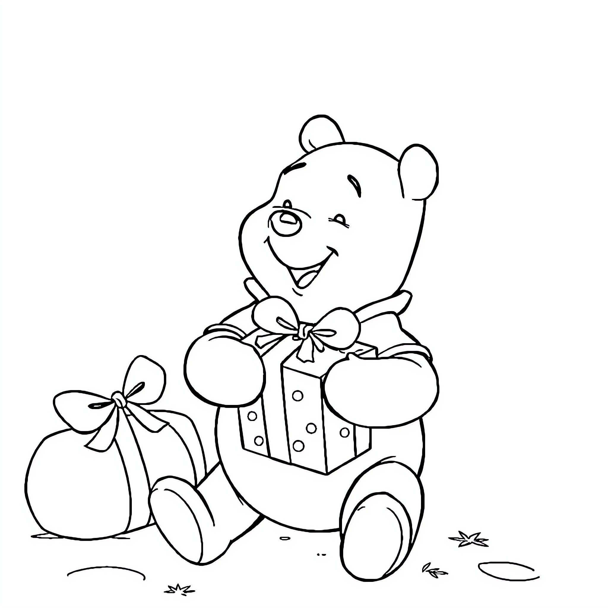 Winnie The Pooh Happily Holding Gifts Coloring Page (free black-and-white line drawing printable PDF for all, from beginners to advanced learners, including children, teens, adults, and seniors)