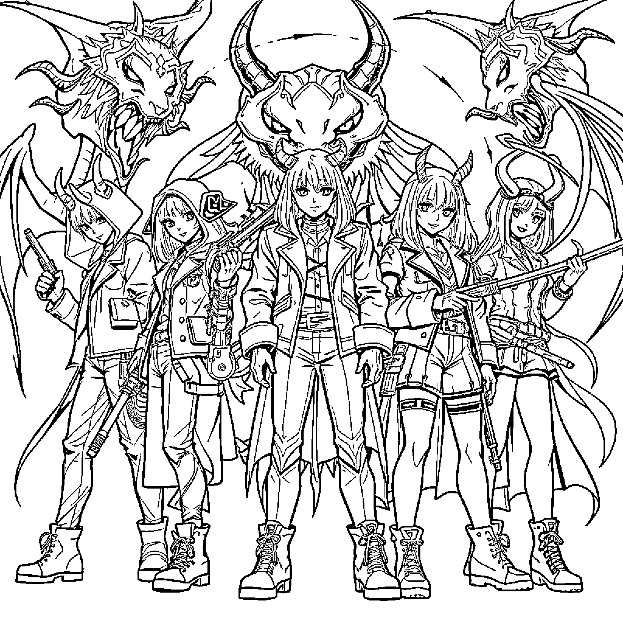 Demon Hunter Squad in Action Coloring Page (free black-and-white line drawing printable PDF for all, from beginners to advanced learners, including children, teens, adults, and seniors)