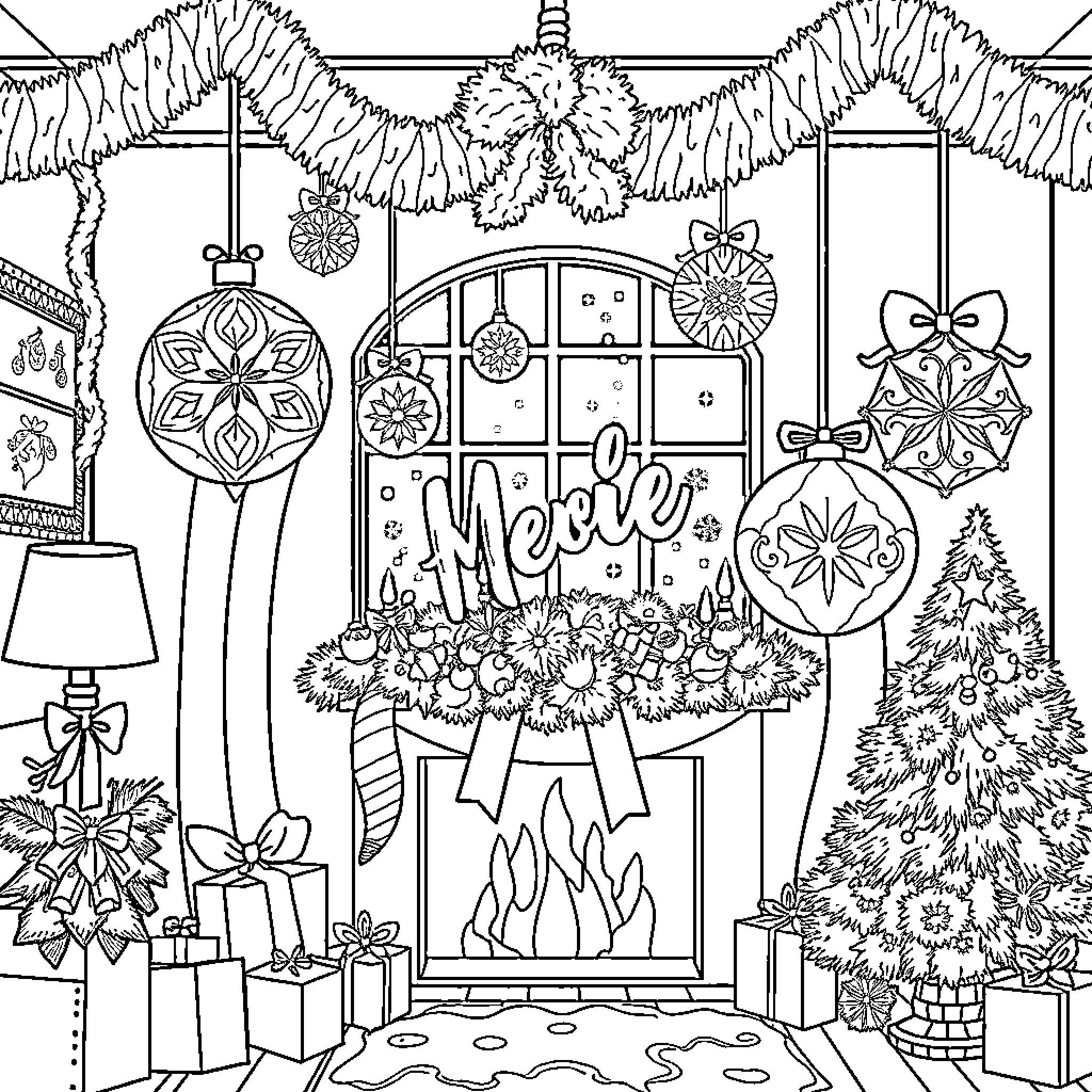 Christmas Decorated Doorway with Festive Ornaments Coloring Page (free black-and-white line drawing printable PDF for all, from beginners to advanced learners, including children, teens, adults, and seniors)