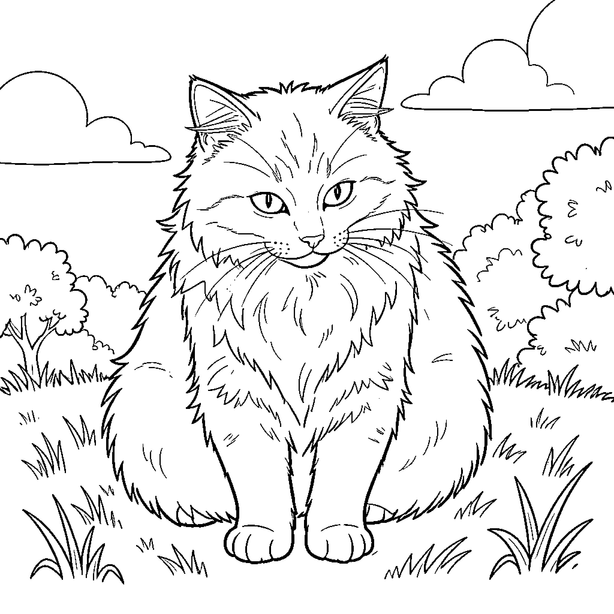 Cat in Outdoor Scenery Coloring Page (free black-and-white line drawing printable PDF for all, from beginners to advanced learners, including children, teens, adults, and seniors)