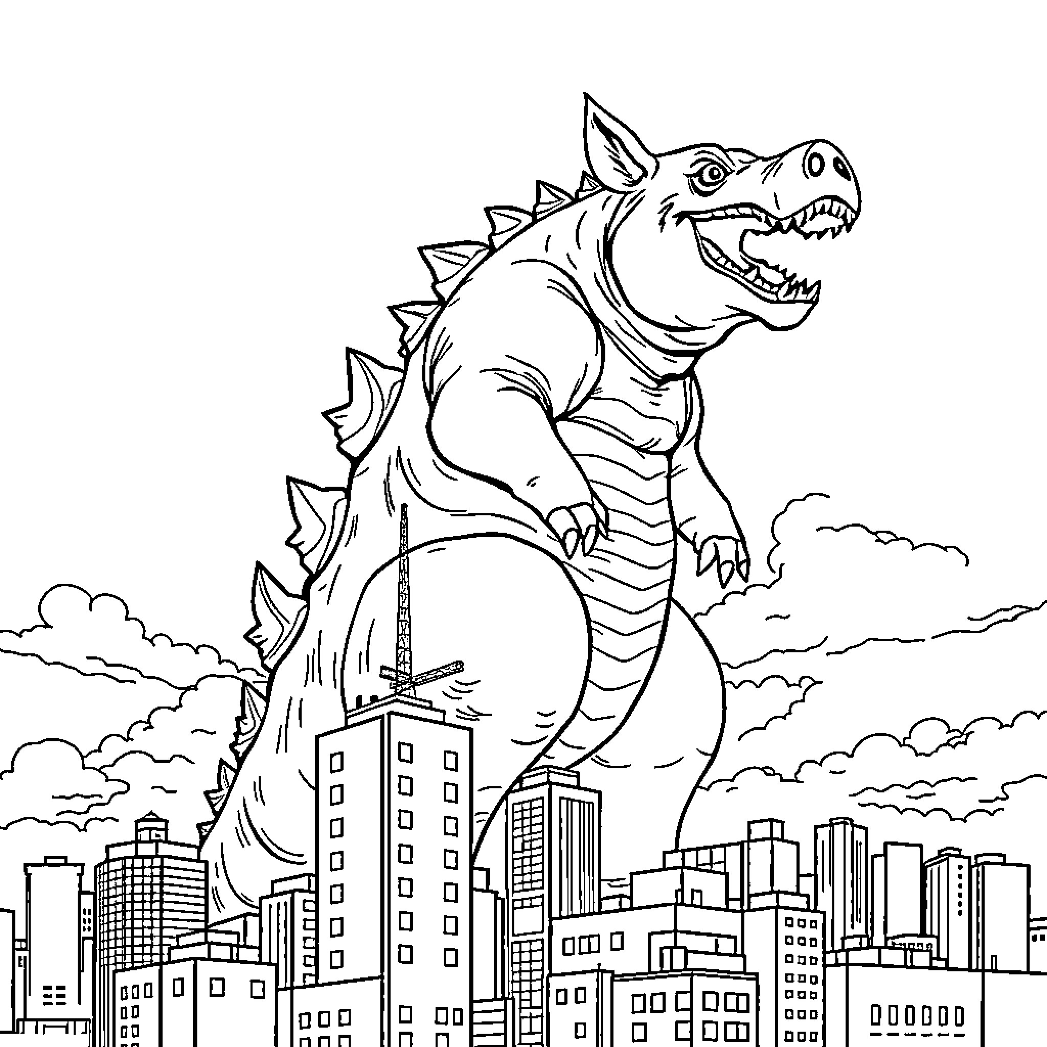 Godzilla stomping through the city Coloring Page (free black-and-white line drawing printable PDF for all, from beginners to advanced learners, including children, teens, adults, and seniors)