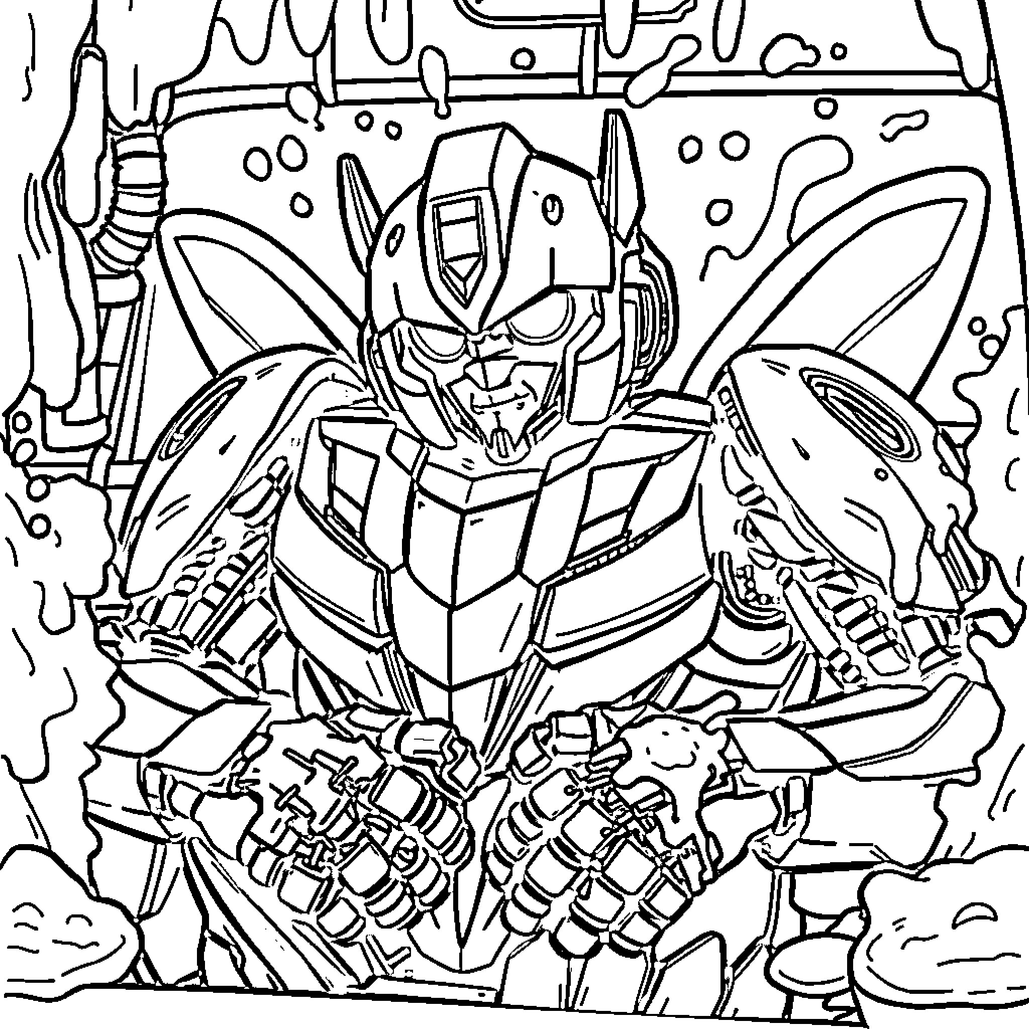 Bumblebee's heroic robot mode in action Coloring Page (free black-and-white line drawing printable PDF for all, from beginners to advanced learners, including children, teens, adults, and seniors)