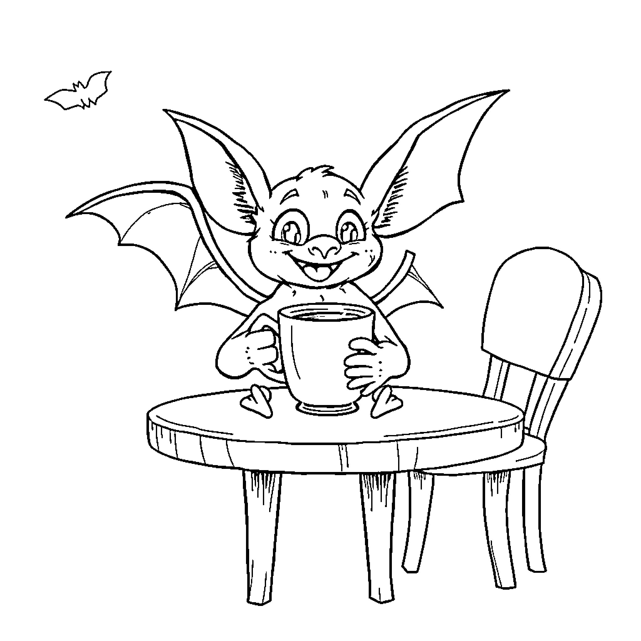 Bat enjoying a warm beverage on a cozy table Coloring Page (free black-and-white line drawing printable PDF for all, from beginners to advanced learners, including children, teens, adults, and seniors)