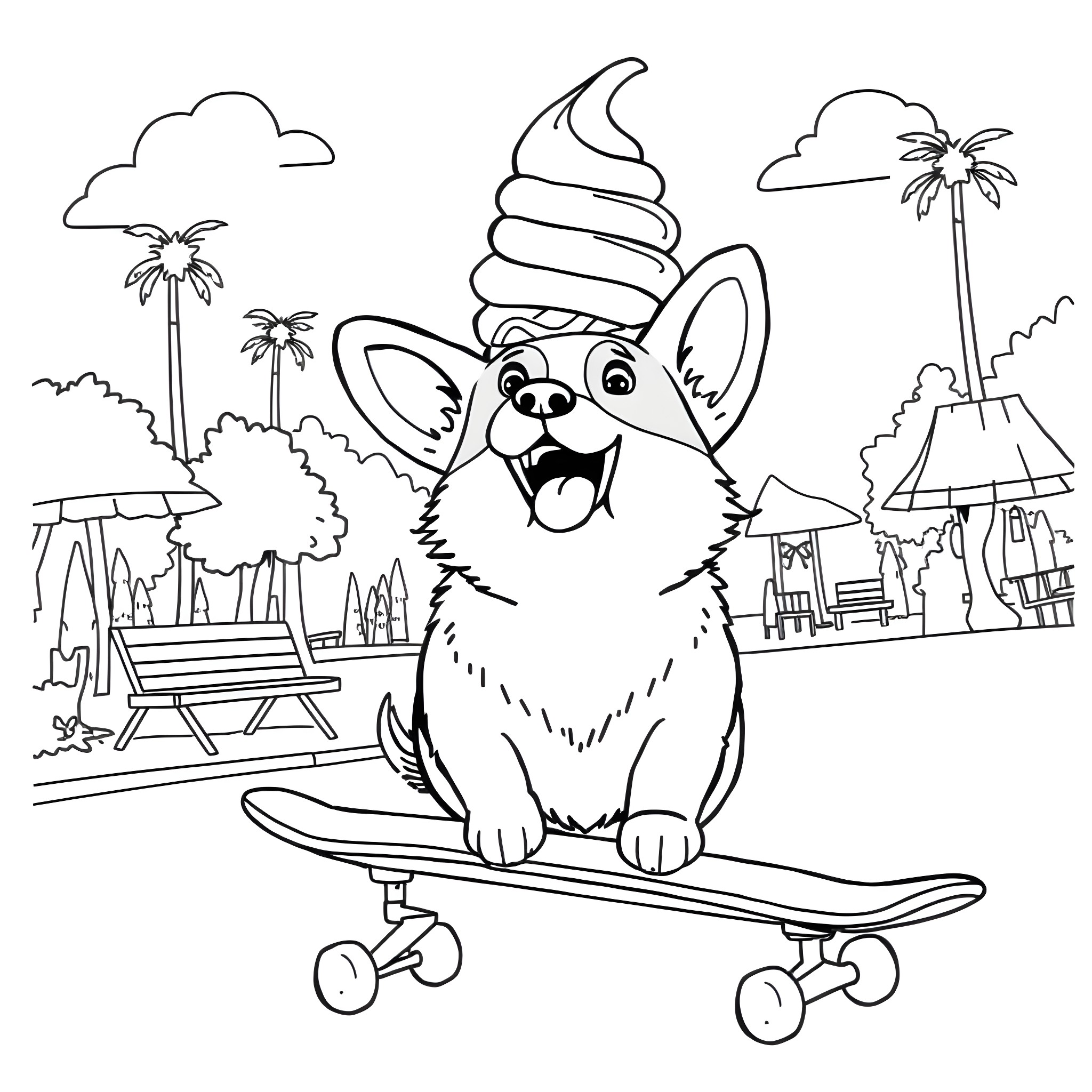 Corgi riding skateboard in tropical paradise Coloring Page (free black-and-white line drawing printable PDF for all, from beginners to advanced learners, including children, teens, adults, and seniors)