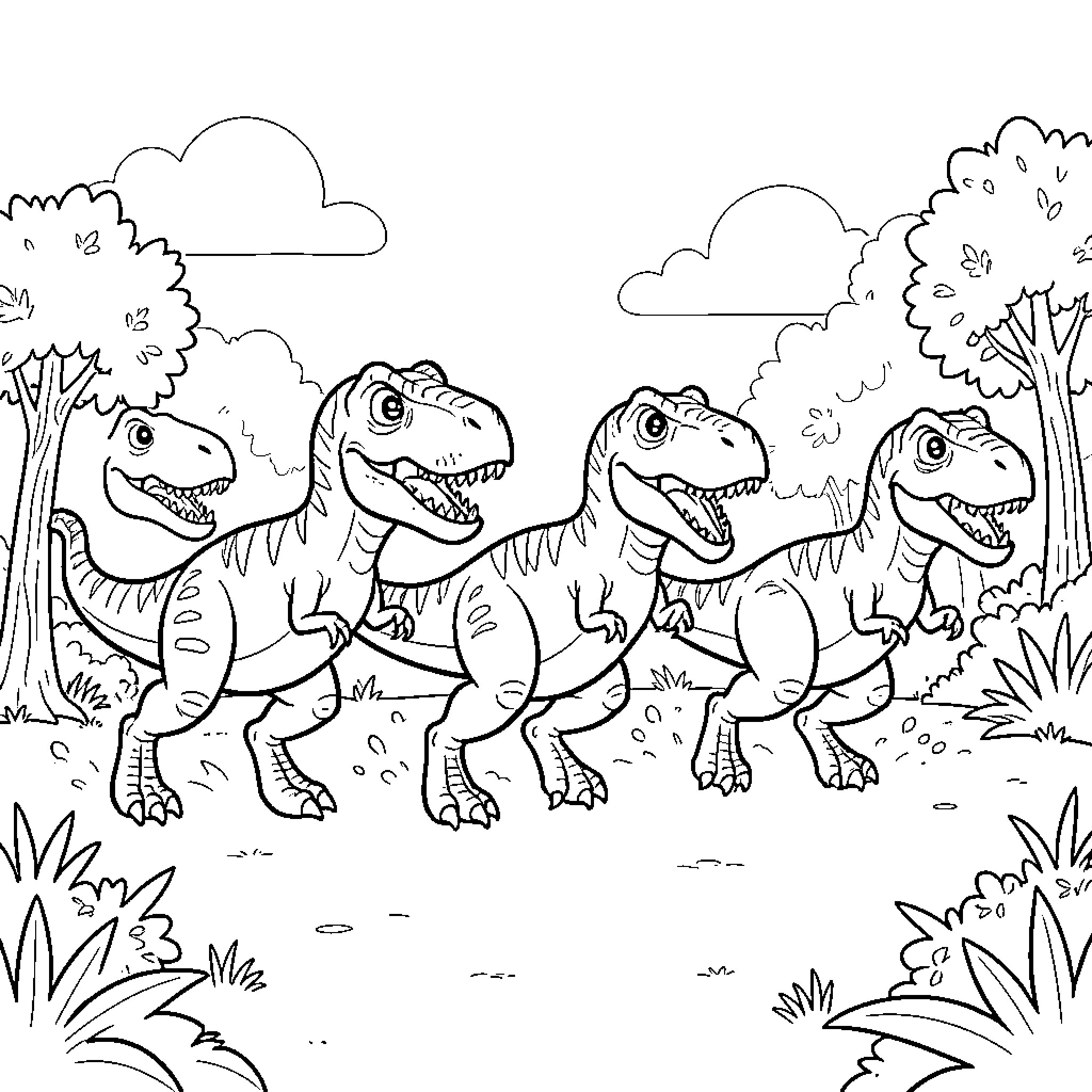 T-Rex dinosaurs walking happily through a prehistoric forest Coloring Page (free black-and-white line drawing printable PDF for all, from beginners to advanced learners, including children, teens, adults, and seniors)