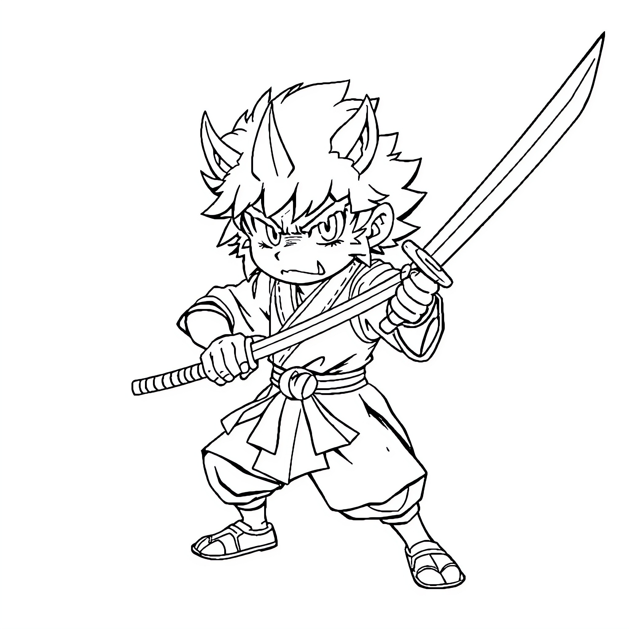 Inosuke wielding swords with fierce expression Coloring Page (free black-and-white line drawing printable PDF for all, from beginners to advanced learners, including children, teens, adults, and seniors)