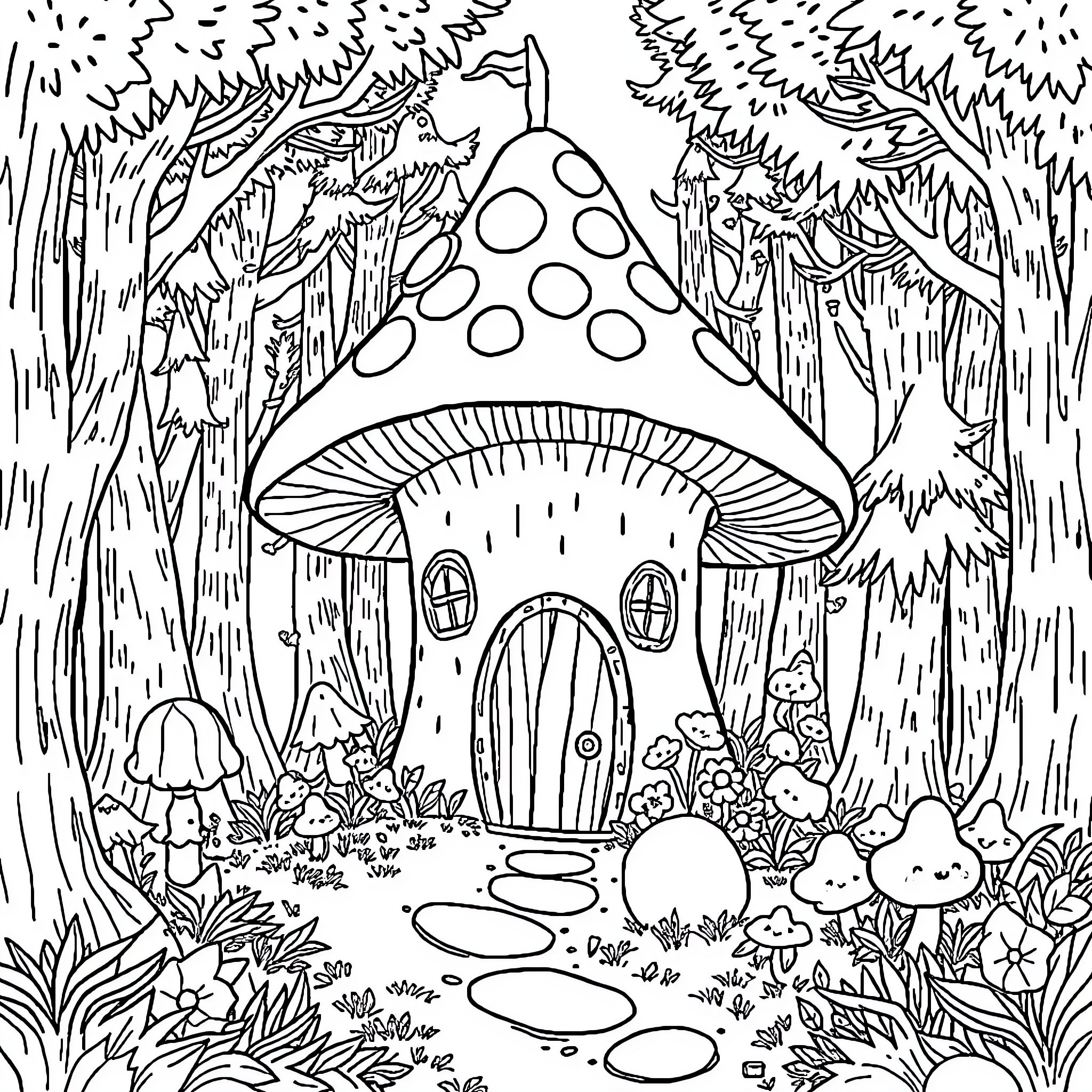 Mushroom Fairy Tale Forest with Whimsical Creatures Coloring Page (free black-and-white line drawing printable PDF for all, from beginners to advanced learners, including children, teens, adults, and seniors)