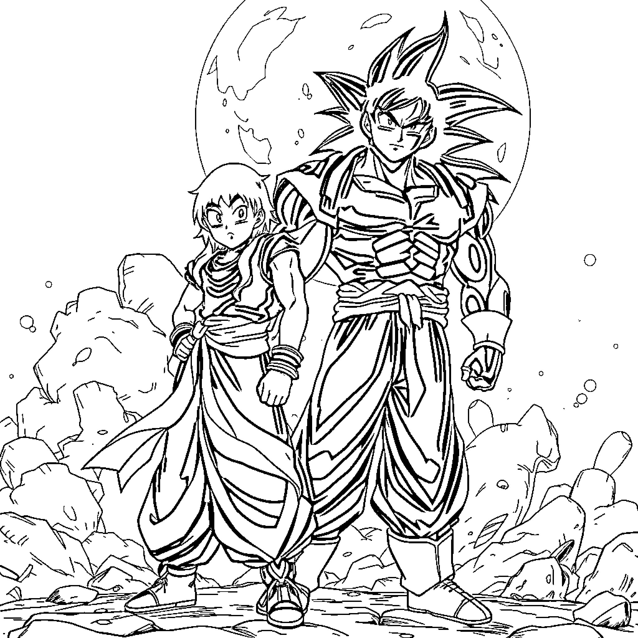 Goku Black and companion in epic battle stance Coloring Page (free black-and-white line drawing printable PDF for all, from beginners to advanced learners, including children, teens, adults, and seniors)