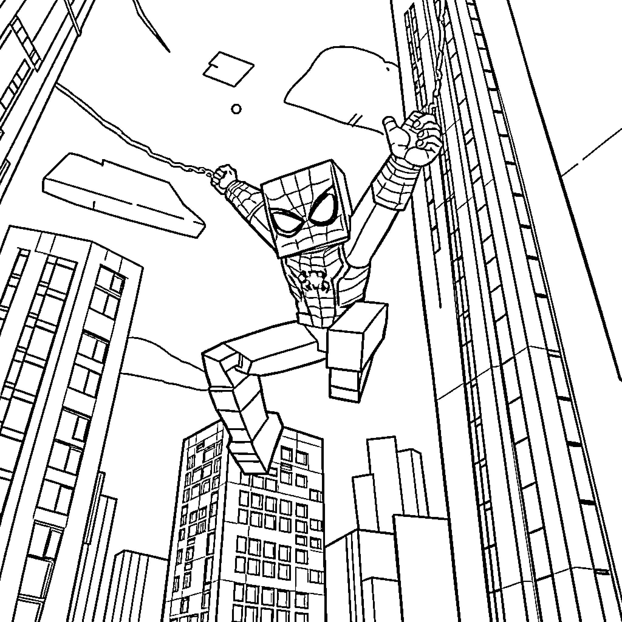 Minecraft Spiderman swinging through the city skyline Coloring Page (free black-and-white line drawing printable PDF for all, from beginners to advanced learners, including children, teens, adults, and seniors)