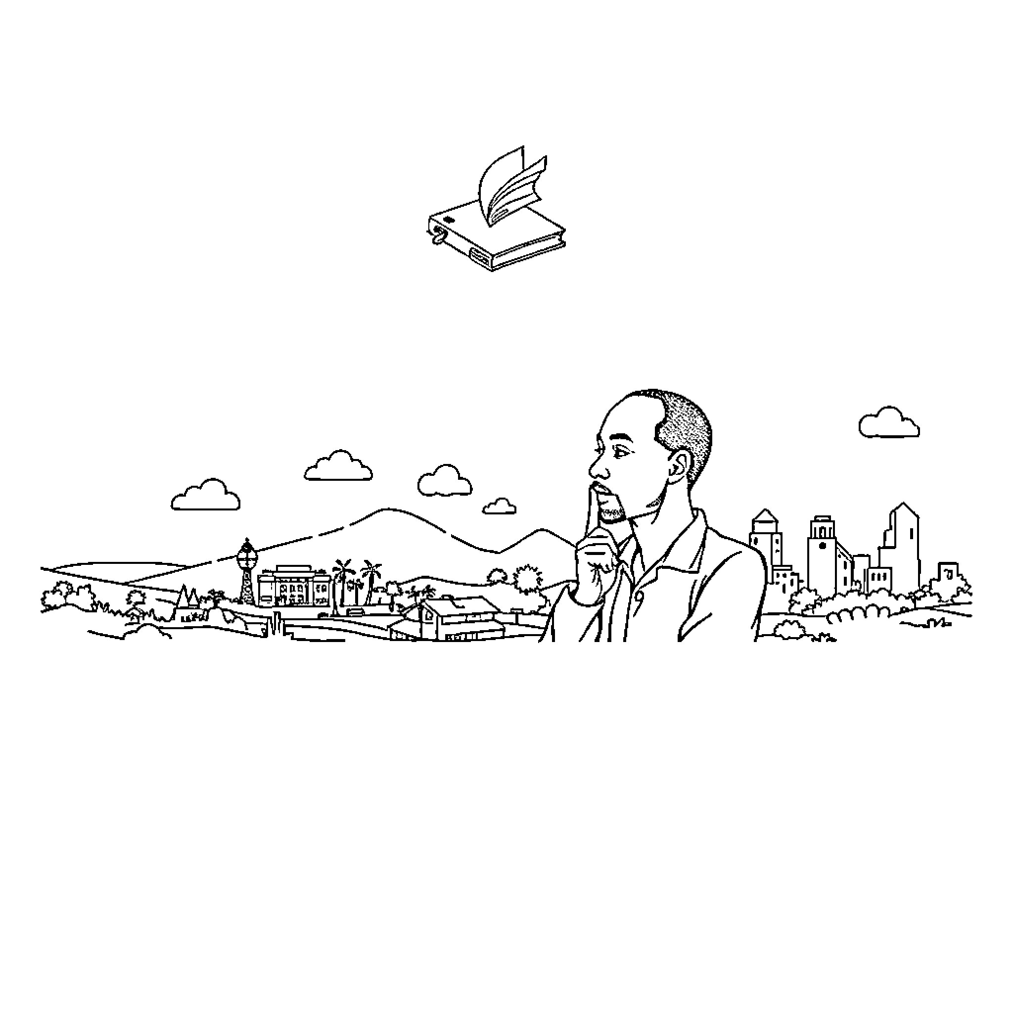 Banner of Thoughtful Man Overlooking City Skyline Coloring Page (free black-and-white line drawing printable PDF for all, from beginners to advanced learners, including children, teens, adults, and seniors)