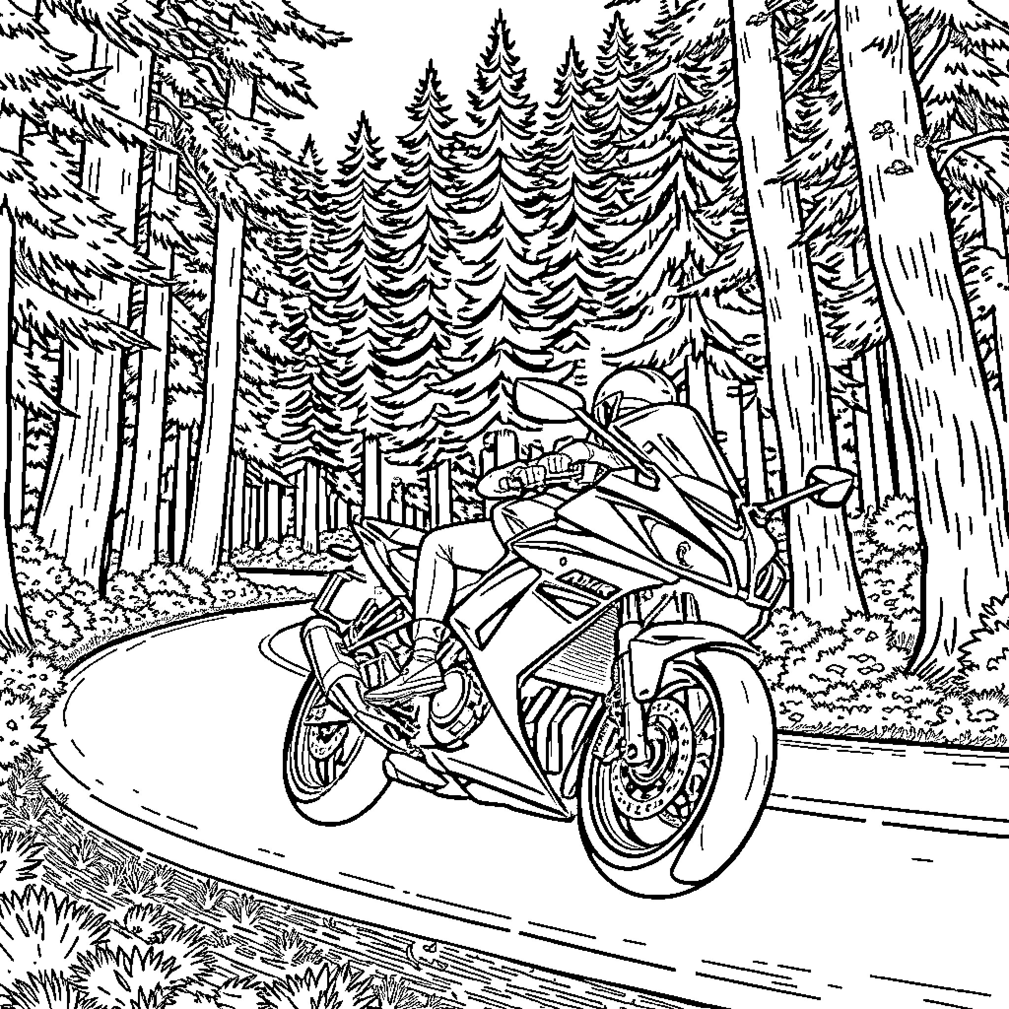 Motorcycle speeding through forest landscape Coloring Page (free black-and-white line drawing printable PDF for all, from beginners to advanced learners, including children, teens, adults, and seniors)