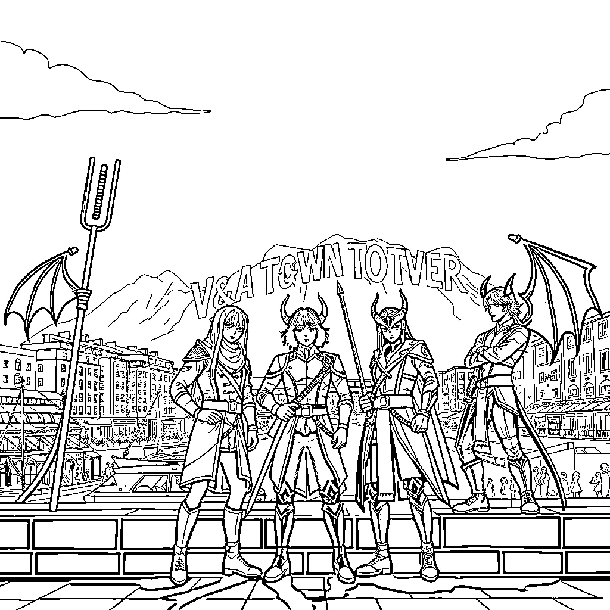 Demon Hunter Confronting Evil in the City Coloring Page (free black-and-white line drawing printable PDF for all, from beginners to advanced learners, including children, teens, adults, and seniors)