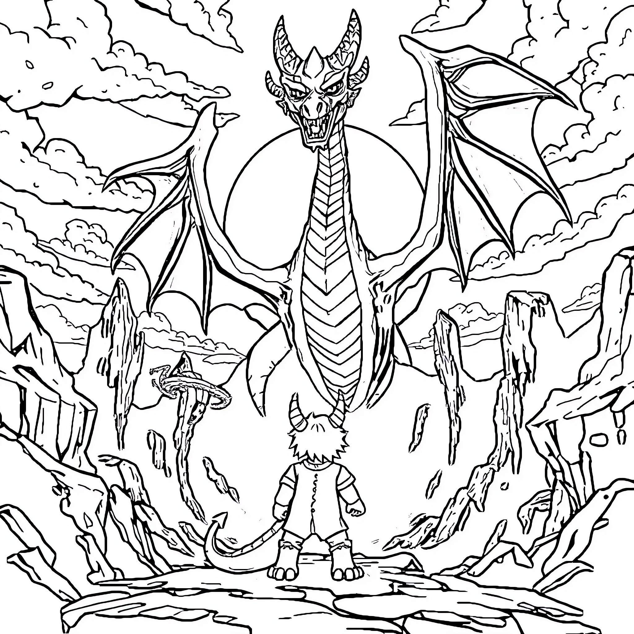 Herobrine encounters a fearsome dragon in a mystical landscape Coloring Page (free black-and-white line drawing printable PDF for all, from beginners to advanced learners, including children, teens, adults, and seniors)