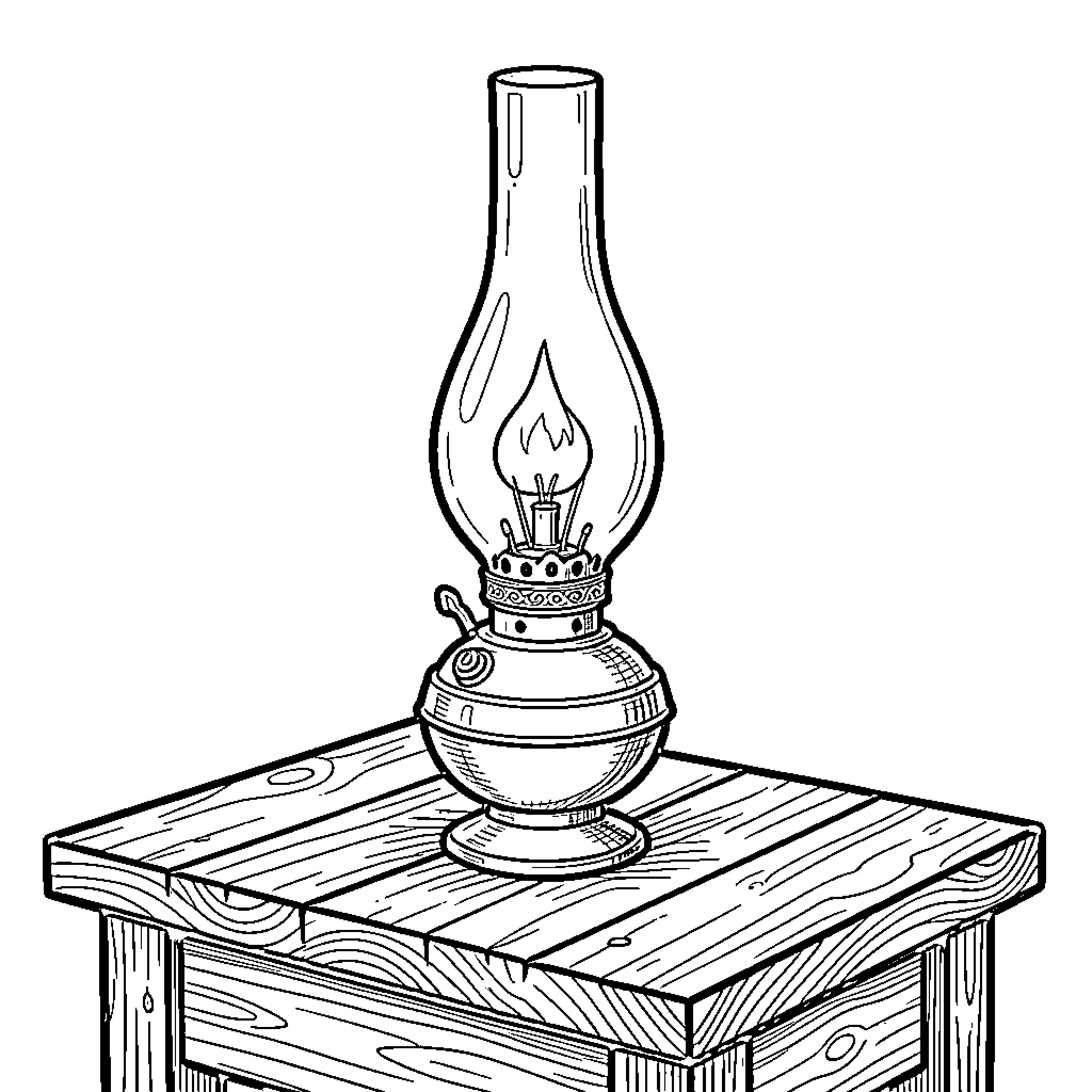 Oil Lamp sitting quietly on a wooden table Coloring Page (free black-and-white line drawing printable PDF for all, from beginners to advanced learners, including children, teens, adults, and seniors)