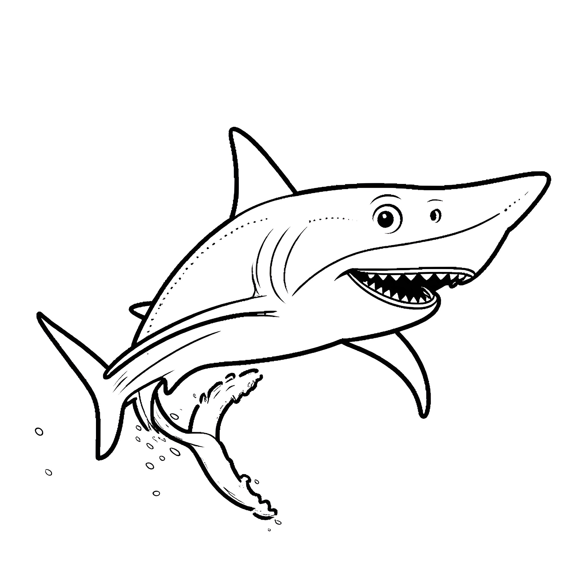 Shark smiling and swimming excitedly Coloring Page (free black-and-white line drawing printable PDF for all, from beginners to advanced learners, including children, teens, adults, and seniors)