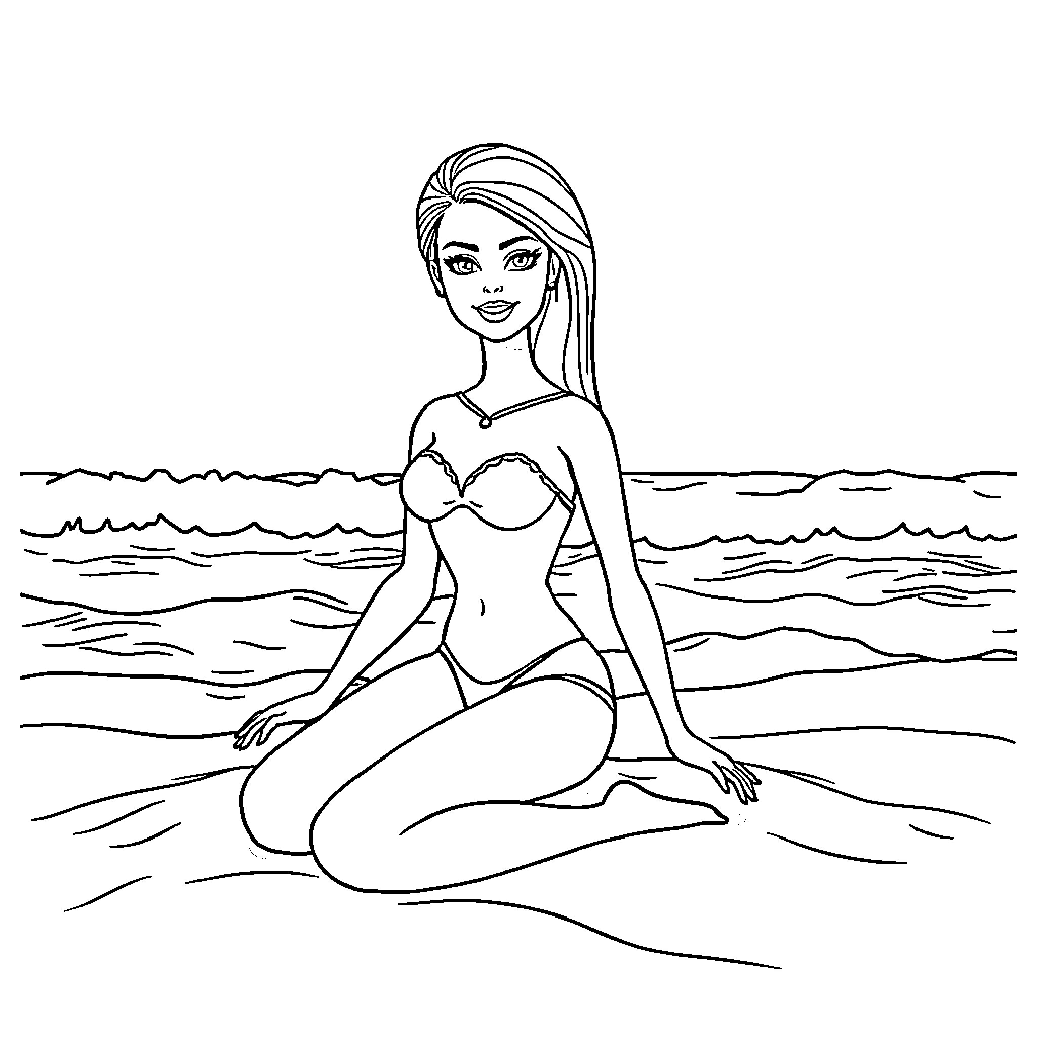 Barbie relaxing on the beach Coloring Page (free black-and-white line drawing printable PDF for all, from beginners to advanced learners, including children, teens, adults, and seniors)
