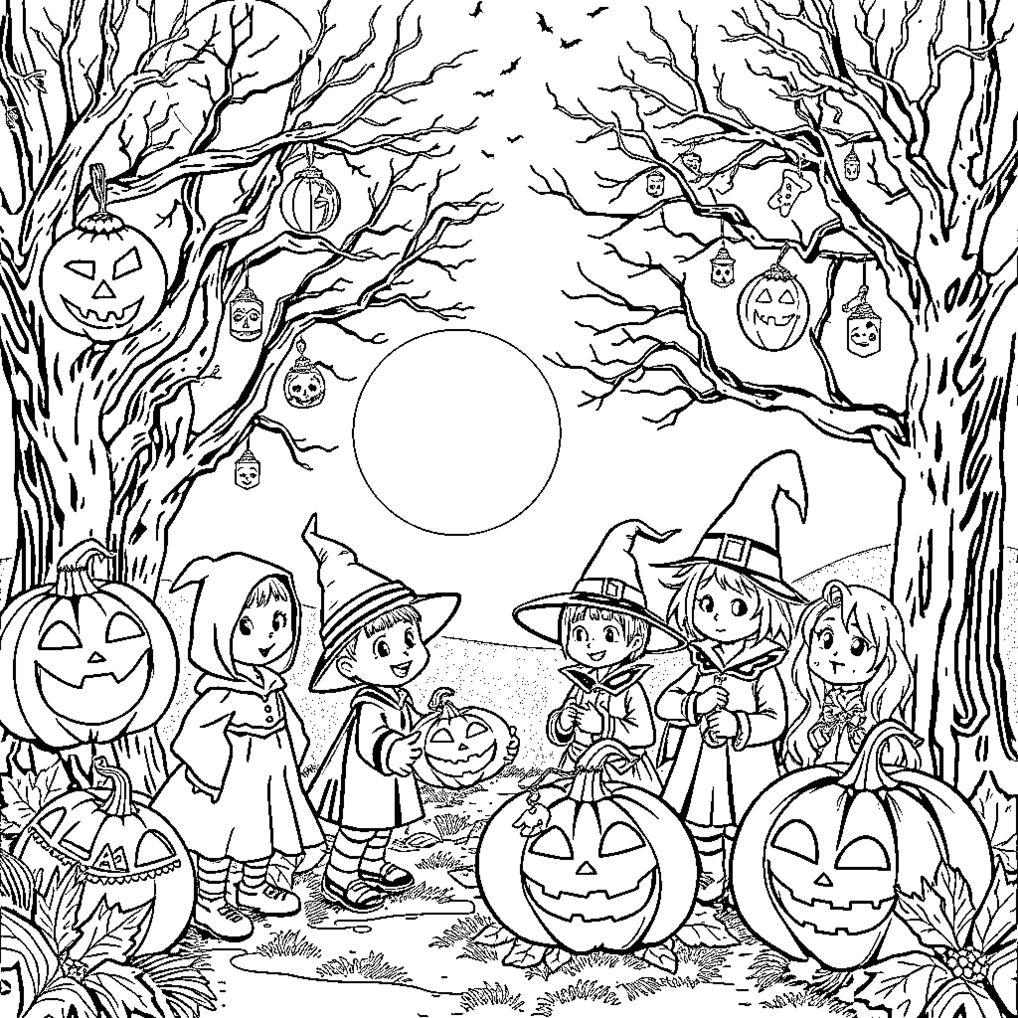 Halloween Trick-or-Treating in the Spooky Forest Coloring Page (free black-and-white line drawing printable PDF for all, from beginners to advanced learners, including children, teens, adults, and seniors)