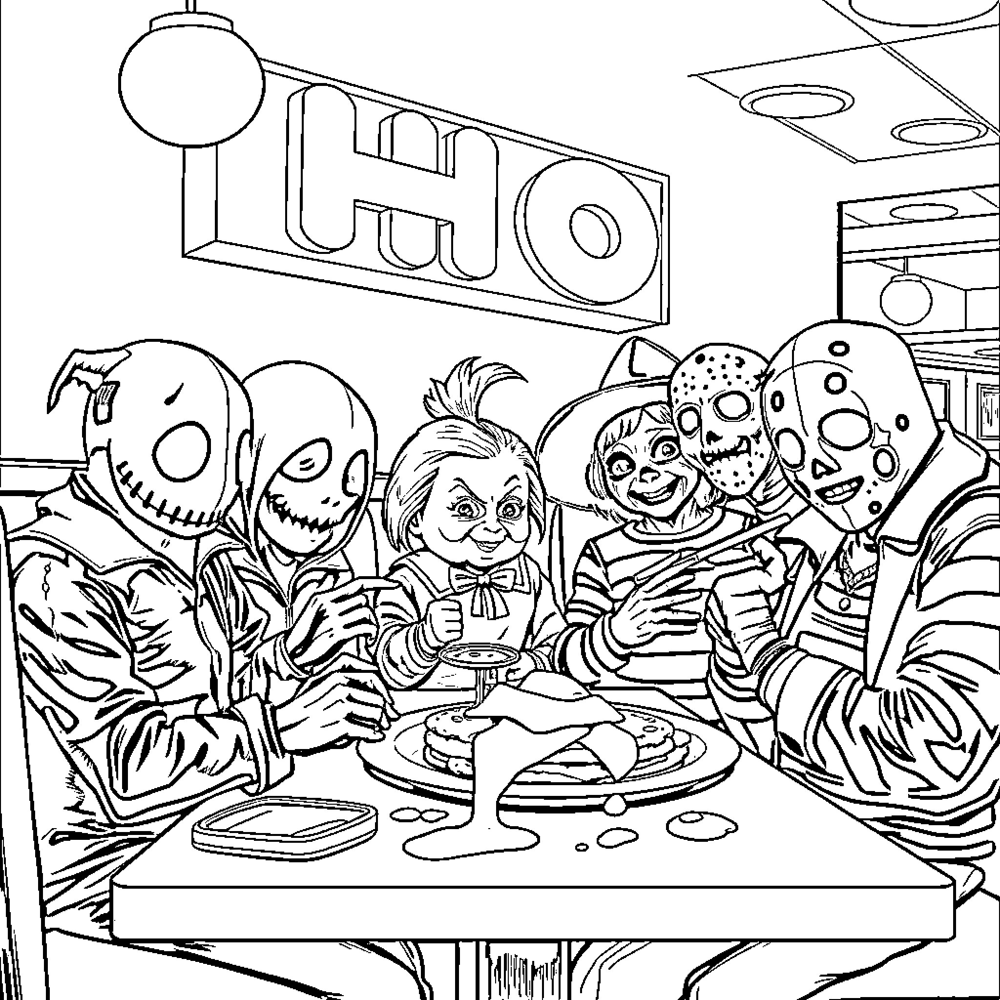 Horror Characters Gathering for a Creepy Celebration Coloring Page (free black-and-white line drawing printable PDF for all, from beginners to advanced learners, including children, teens, adults, and seniors)