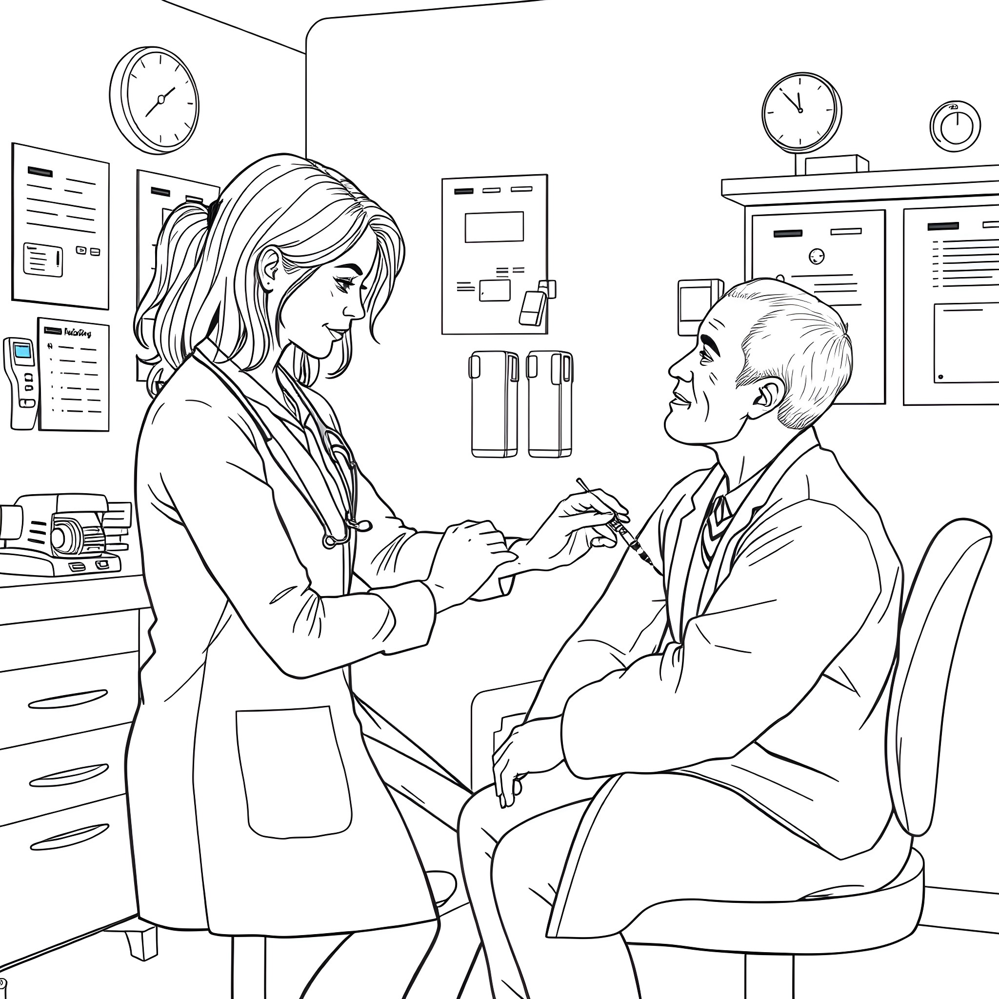 Doctor Examining Patient in Medical Examination Room Coloring Page (free black-and-white line drawing printable PDF for all, from beginners to advanced learners, including children, teens, adults, and seniors)