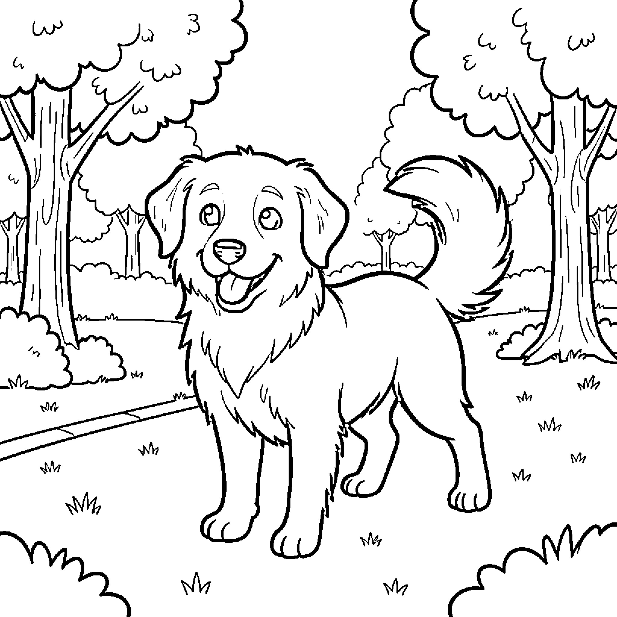 Dog playing happily in the forest Coloring Page (free black-and-white line drawing printable PDF for all, from beginners to advanced learners, including children, teens, adults, and seniors)