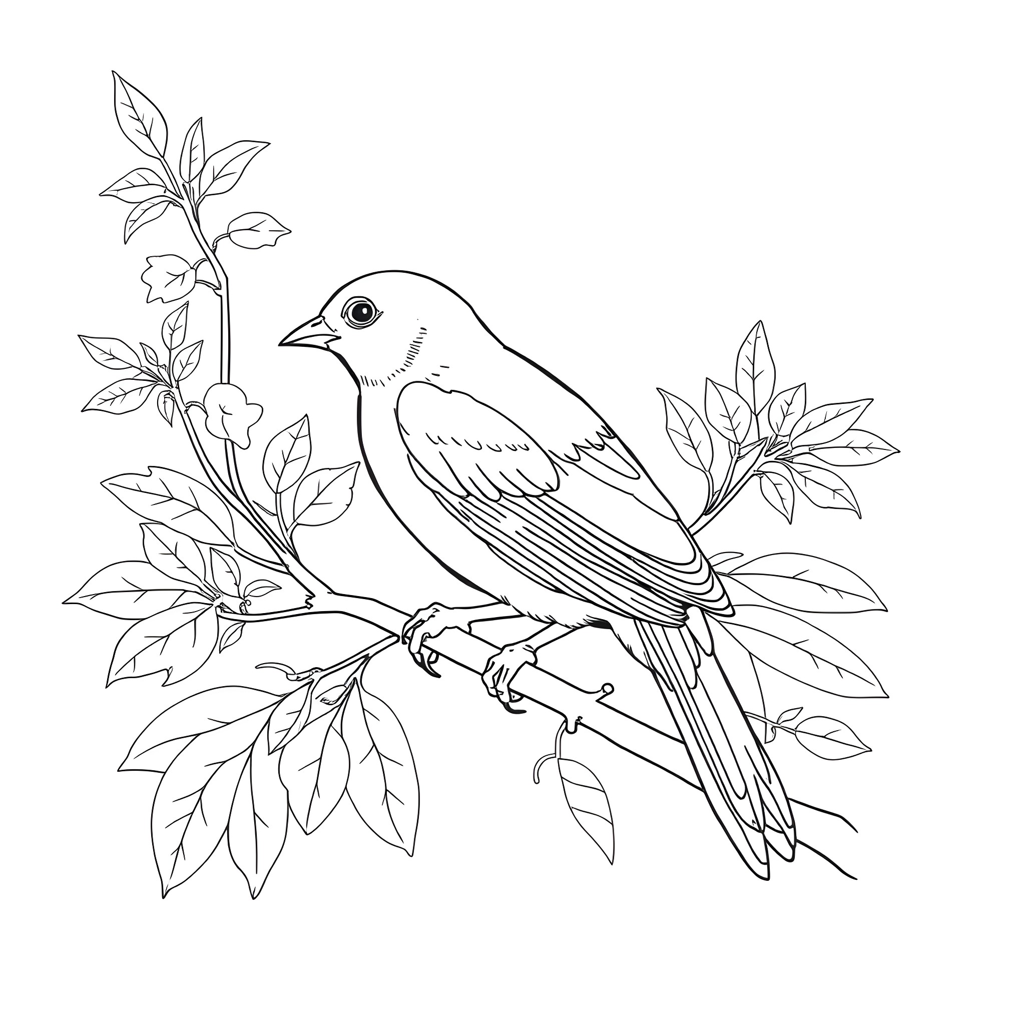 Setophaga Petechia perched amidst lush foliage Coloring Page (free black-and-white line drawing printable PDF for all, from beginners to advanced learners, including children, teens, adults, and seniors)