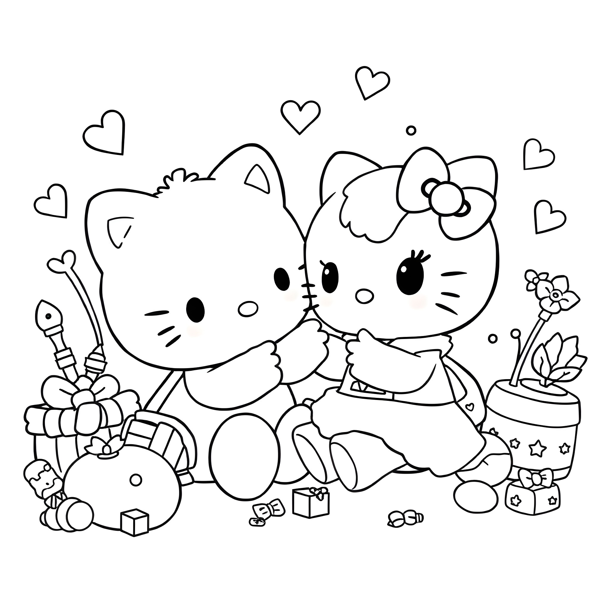 Labubu's Heartwarming Playdate with Adorable Friends Coloring Page (free black-and-white line drawing printable PDF for all, from beginners to advanced learners, including children, teens, adults, and seniors)