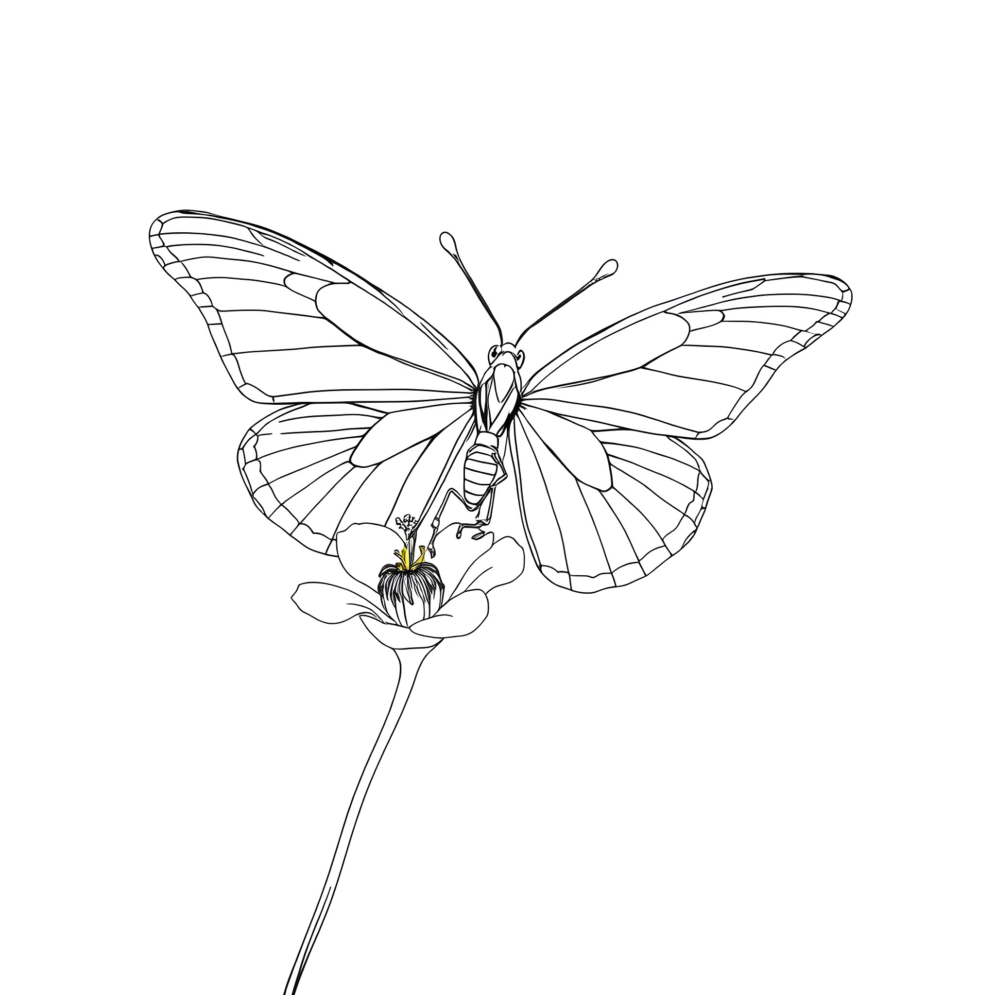 Sulphur Butterfly Resting on Flower Coloring Page (free black-and-white line drawing printable PDF for all, from beginners to advanced learners, including children, teens, adults, and seniors)