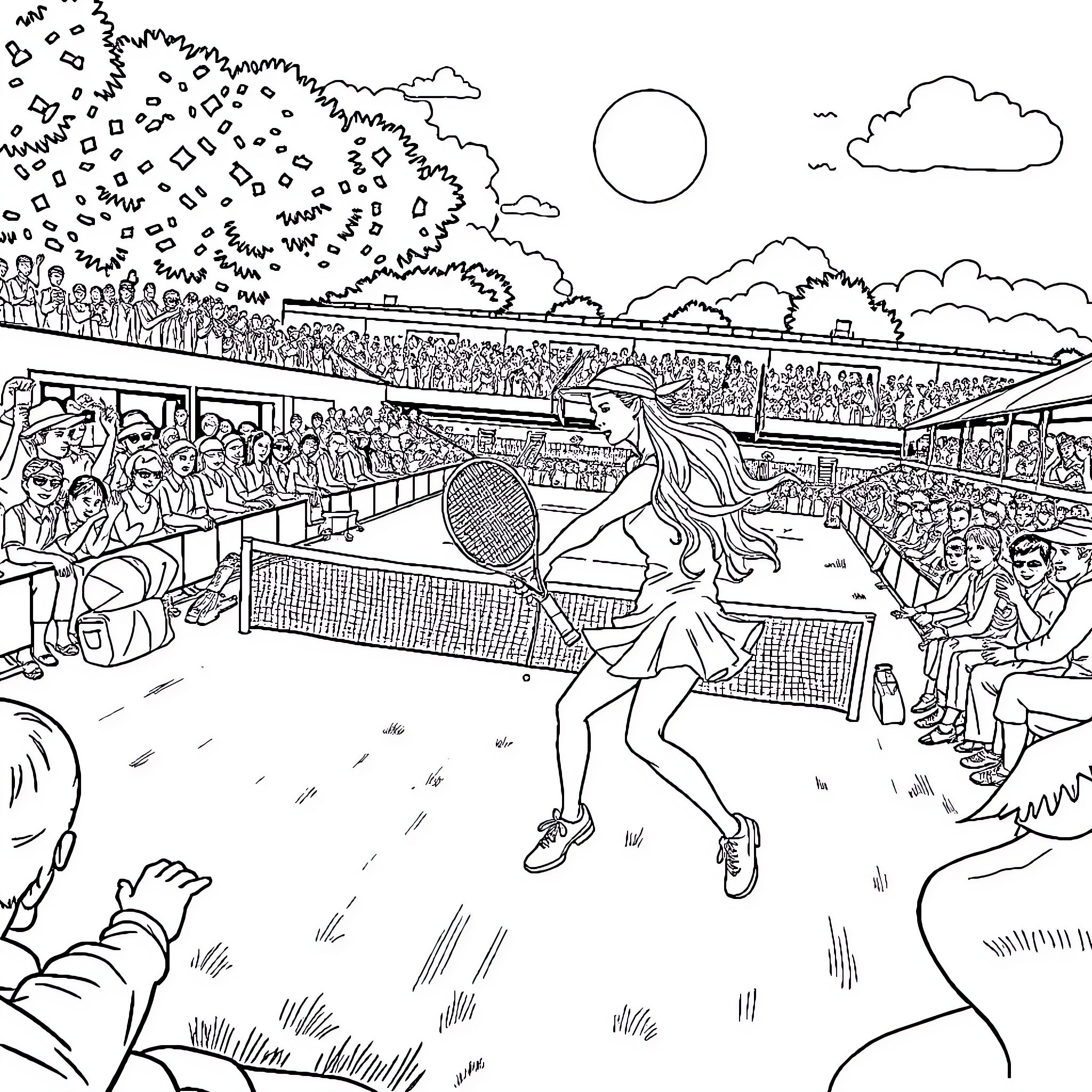 Arthus Enjoying Outdoor Tennis Match with Crowd Coloring Page (free black-and-white line drawing printable PDF for all, from beginners to advanced learners, including children, teens, adults, and seniors)