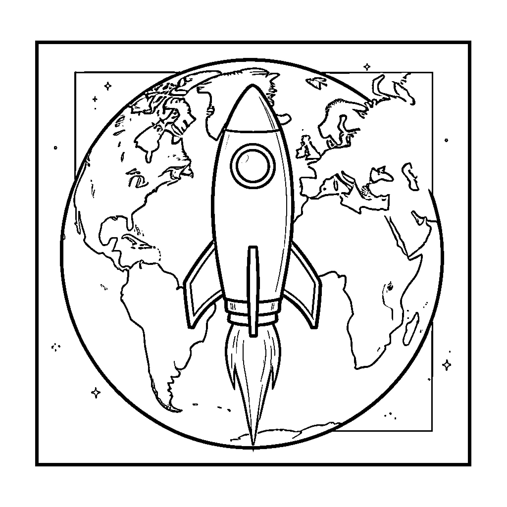 Earth rocket ship exploring the galaxy Coloring Page (free black-and-white line drawing printable PDF for all, from beginners to advanced learners, including children, teens, adults, and seniors)