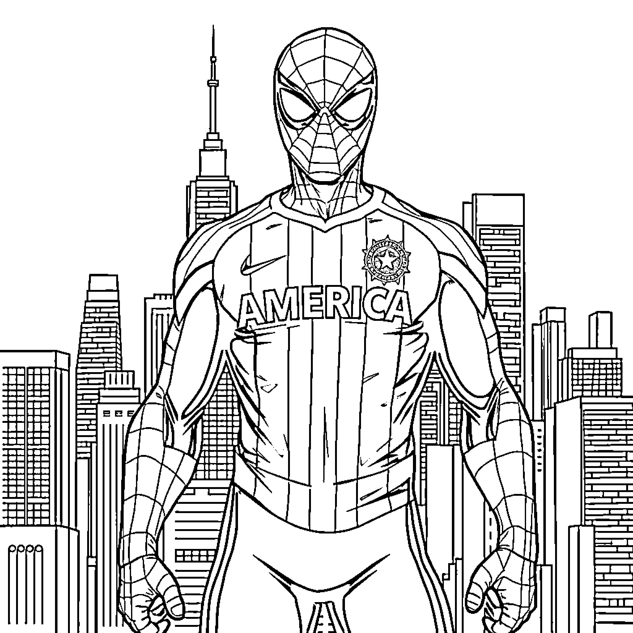 Spiderman poses heroically in front of the city skyline Coloring Page (free black-and-white line drawing printable PDF for all, from beginners to advanced learners, including children, teens, adults, and seniors)