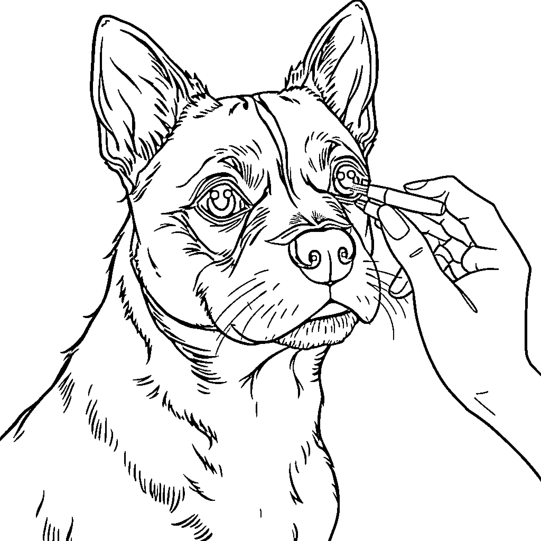 Perro being groomed by a human hand Coloring Page (free black-and-white line drawing printable PDF for all, from beginners to advanced learners, including children, teens, adults, and seniors)