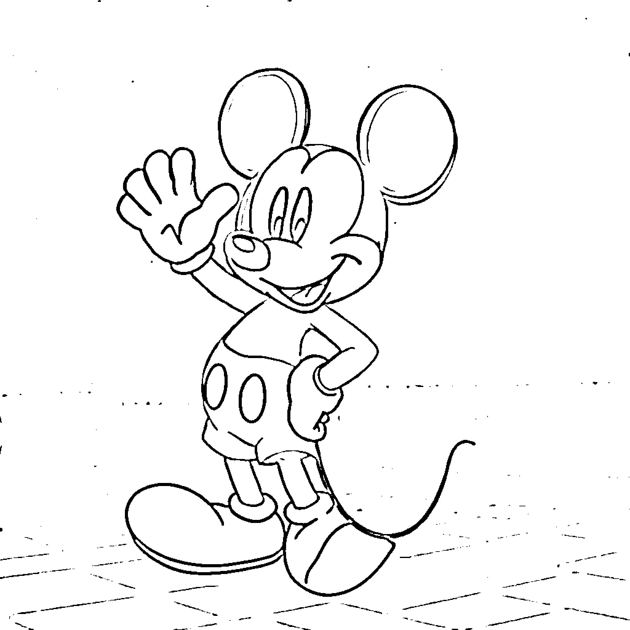Mickey Mouse waving and smiling Coloring Page (free black-and-white line drawing printable PDF for all, from beginners to advanced learners, including children, teens, adults, and seniors)