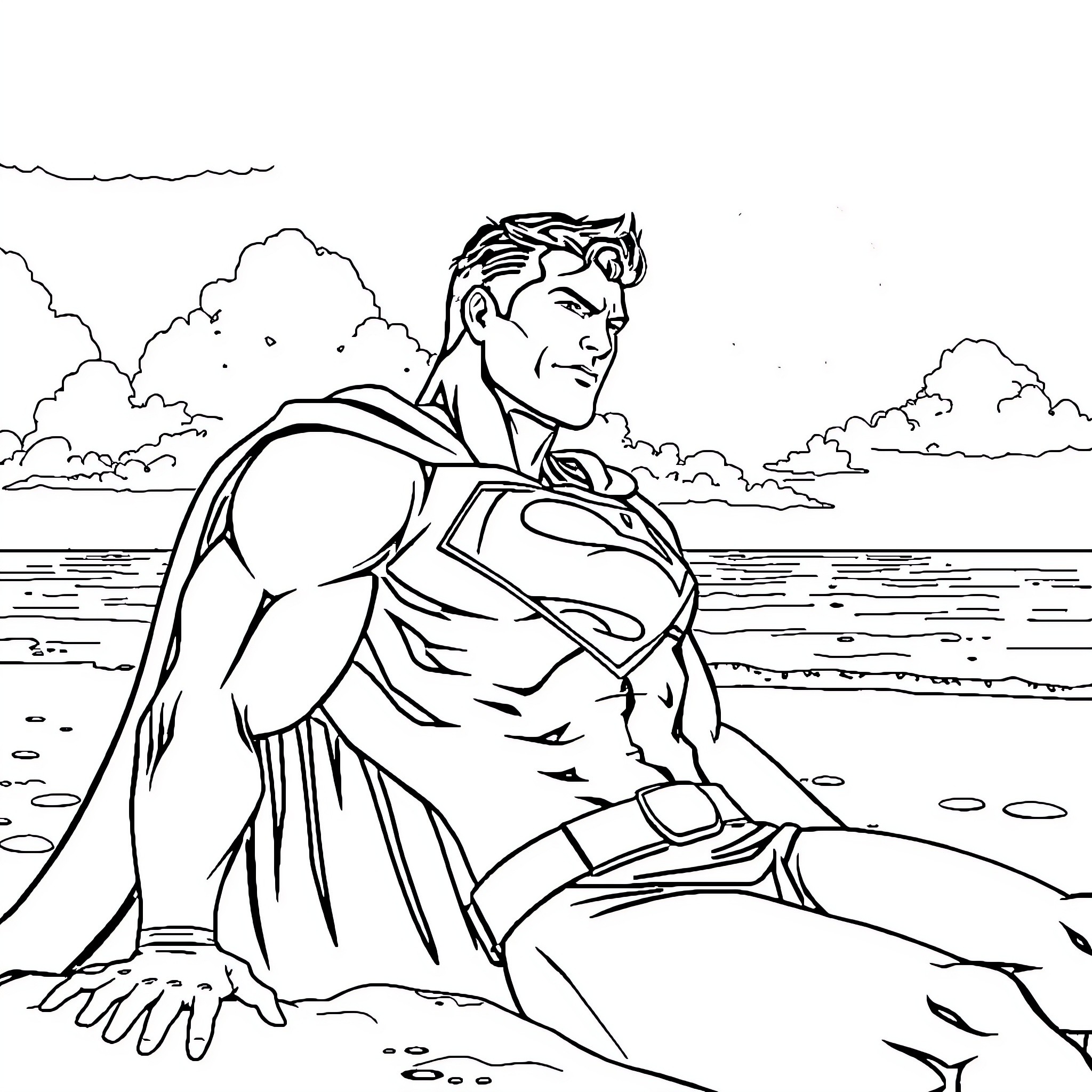 Super Man stands tall on the beach Coloring Page (free black-and-white line drawing printable PDF for all, from beginners to advanced learners, including children, teens, adults, and seniors)