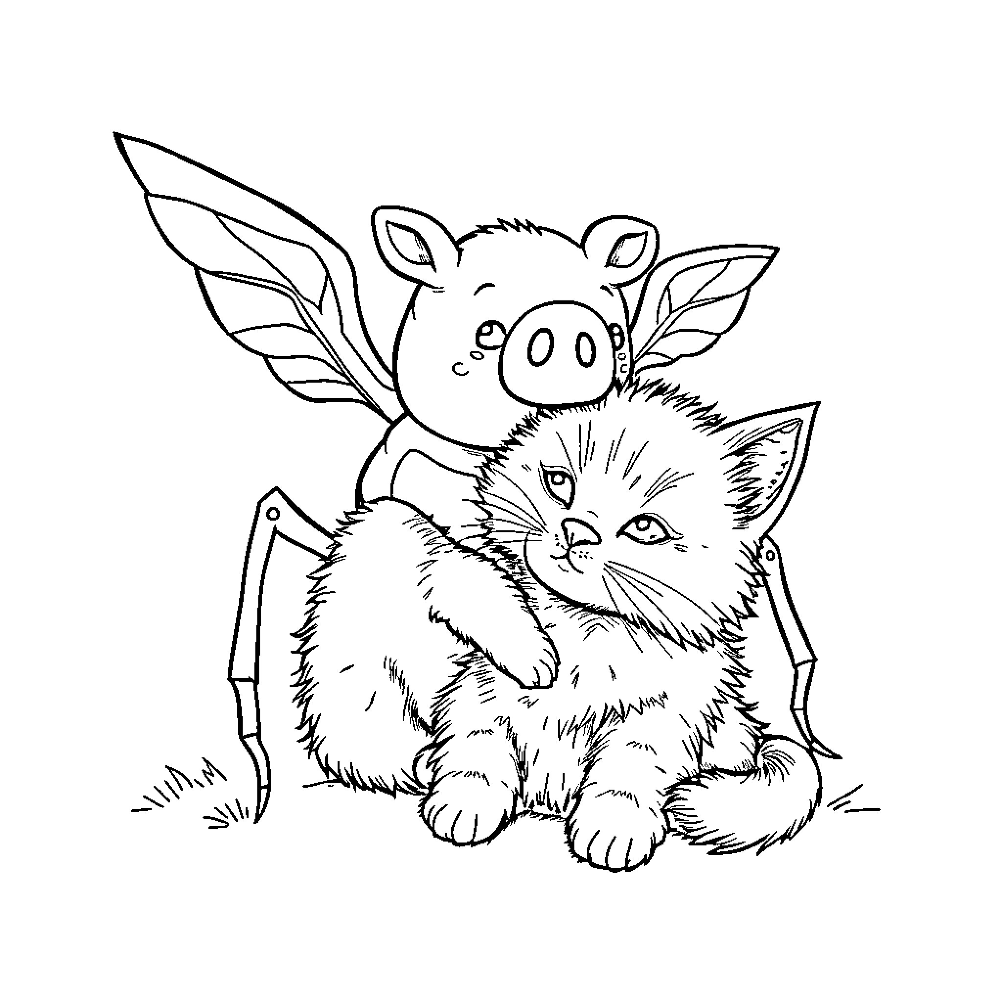 Flying Pig Spider Cuddles Furry Kitten Coloring Page (free black-and-white line drawing printable PDF for all, from beginners to advanced learners, including children, teens, adults, and seniors)