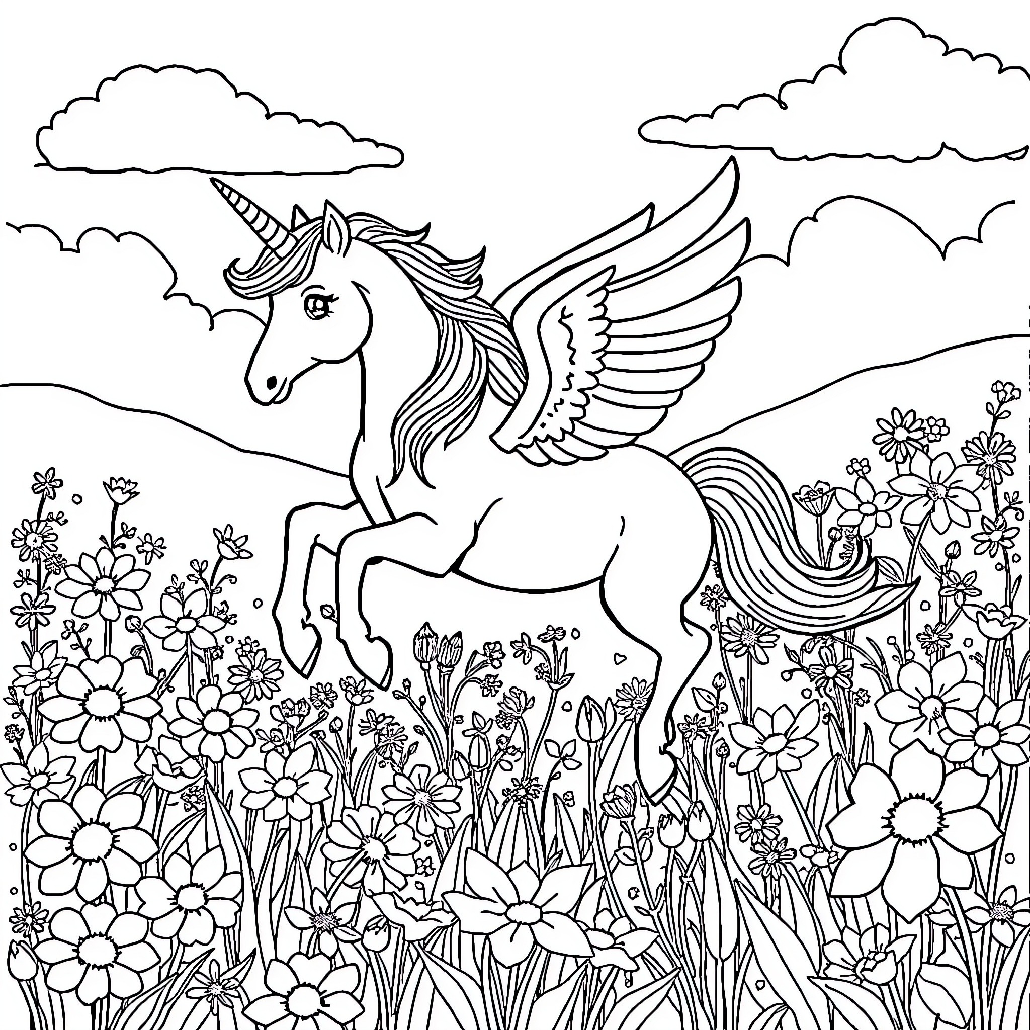 Unicorn standing amidst blooming flowers in a meadow Coloring Page (free black-and-white line drawing printable PDF for all, from beginners to advanced learners, including children, teens, adults, and seniors)
