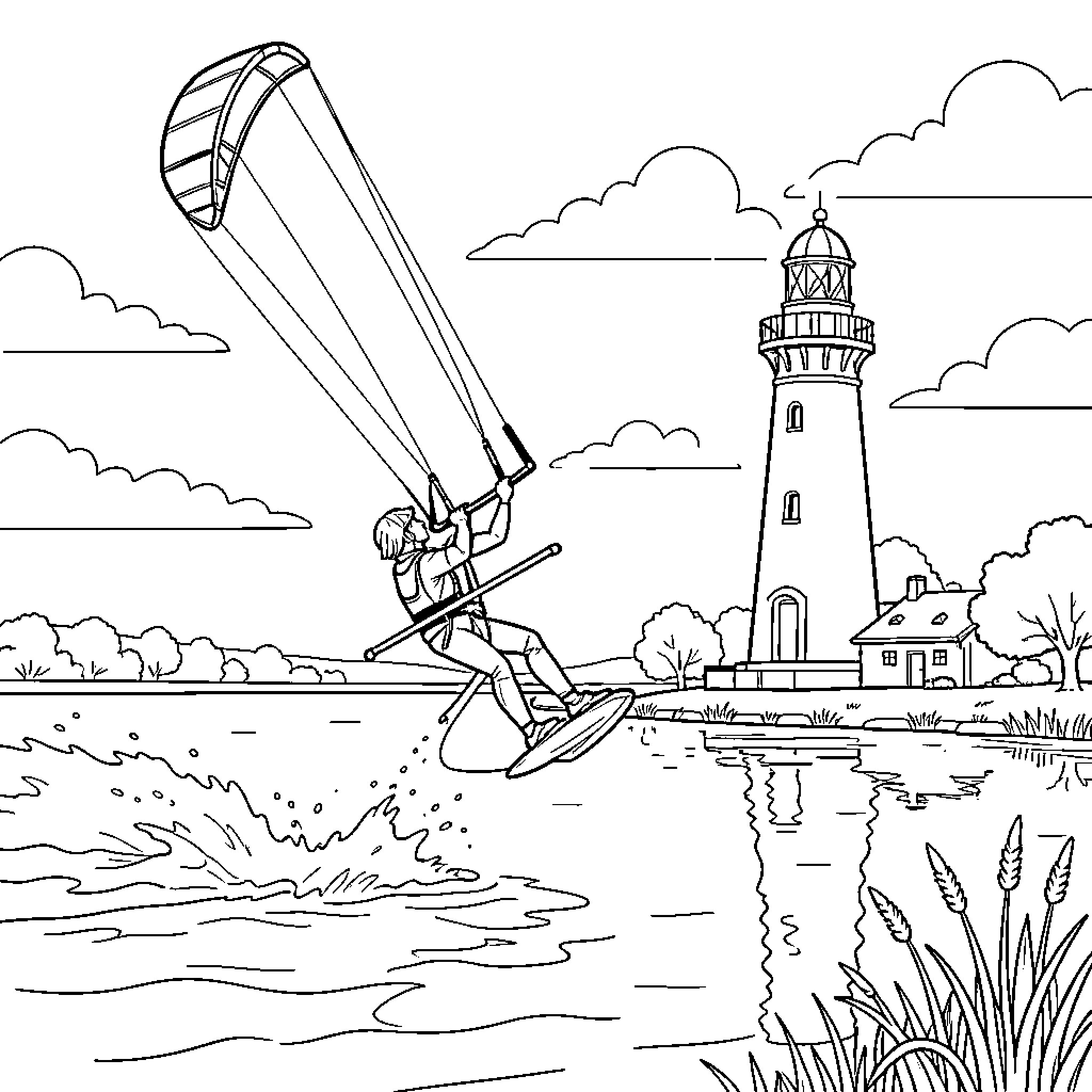 Kitefoiler gliding over the water near the lighthouse Coloring Page (free black-and-white line drawing printable PDF for all, from beginners to advanced learners, including children, teens, adults, and seniors)