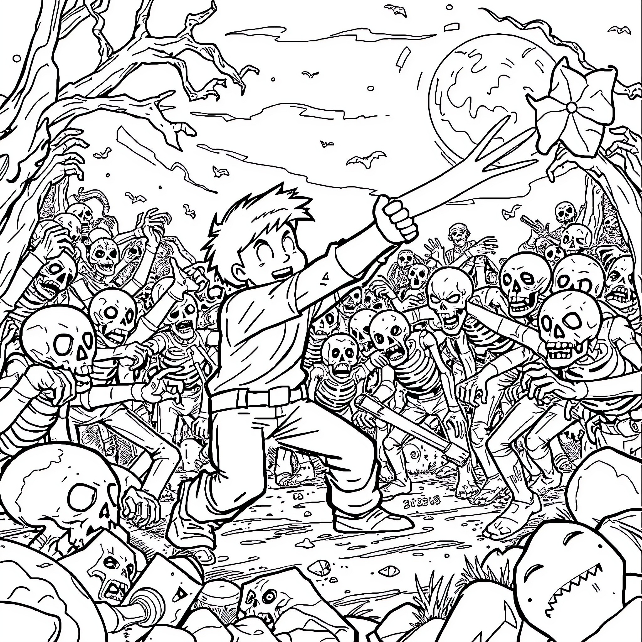 Steve's Spooky Encounter with Skeletons in the Wilderness Coloring Page (free black-and-white line drawing printable PDF for all, from beginners to advanced learners, including children, teens, adults, and seniors)