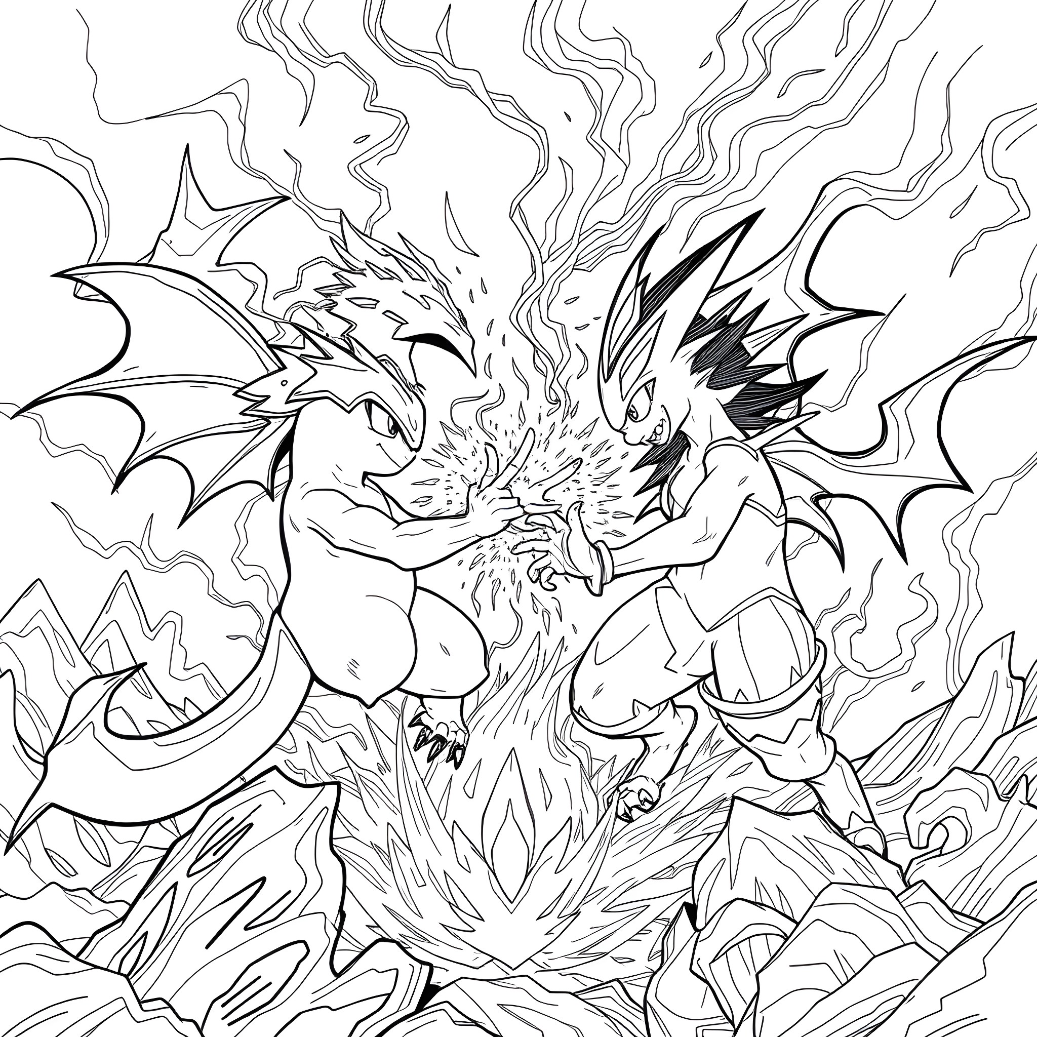 Pokémon dragons engaged in fierce battle Coloring Page (free black-and-white line drawing printable PDF for all, from beginners to advanced learners, including children, teens, adults, and seniors)