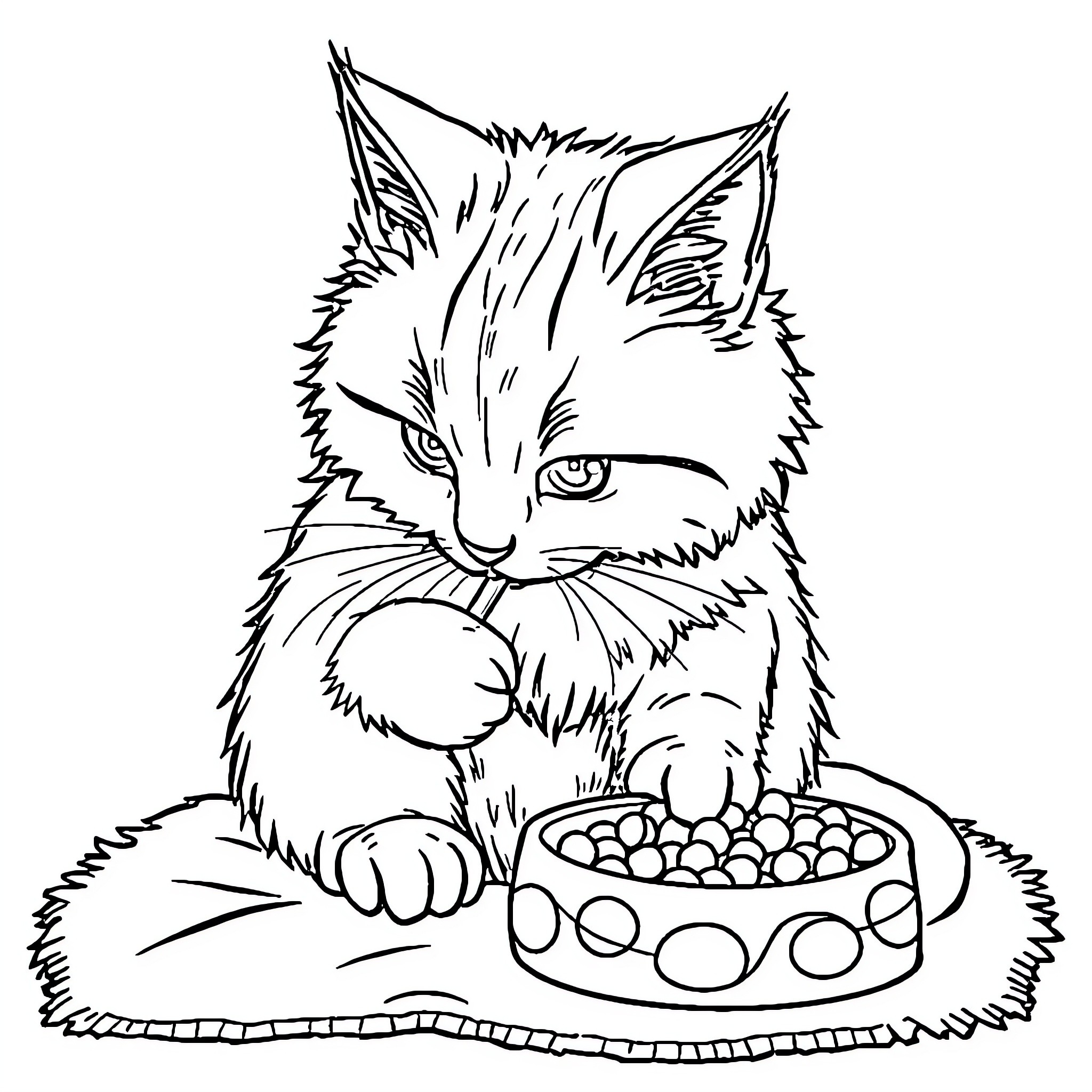 Cat enjoying a snack in cozy surroundings Coloring Page (free black-and-white line drawing printable PDF for all, from beginners to advanced learners, including children, teens, adults, and seniors)