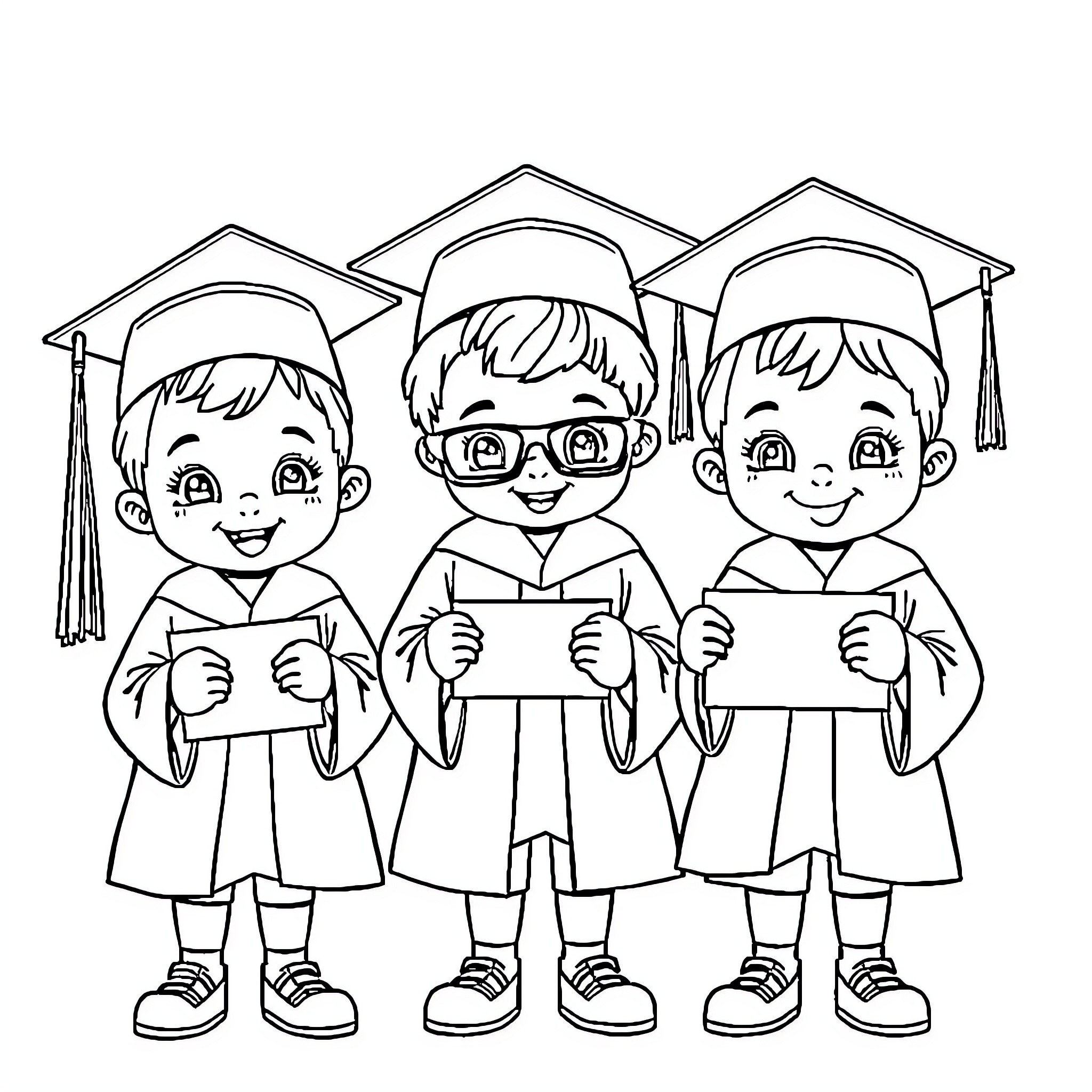 Kid graduates celebrate achievement in cap and gown Coloring Page (free black-and-white line drawing printable PDF for all, from beginners to advanced learners, including children, teens, adults, and seniors)